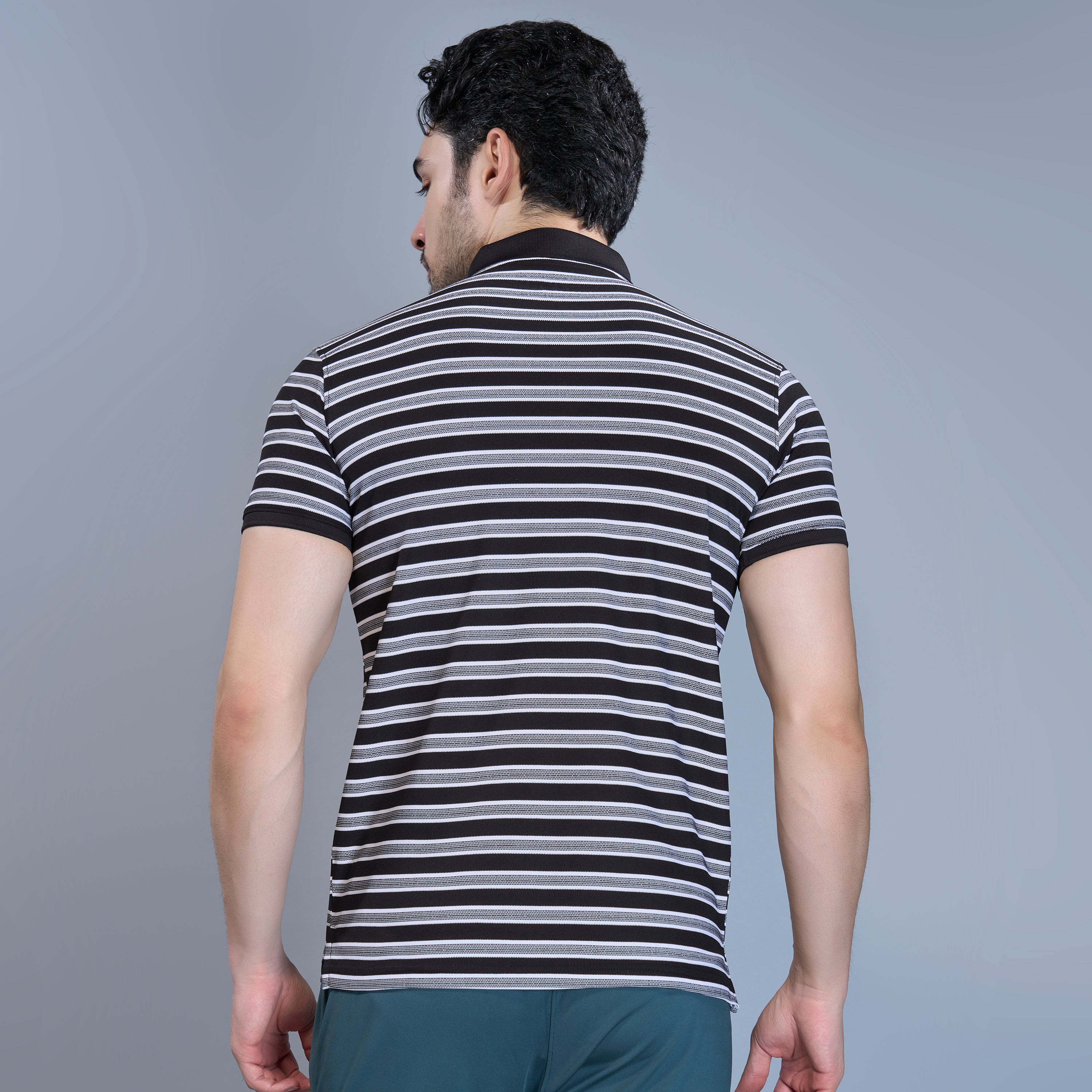WEWOK Men Striped Regular Fit Half Sleeve Polo Neck Black T-Shirt