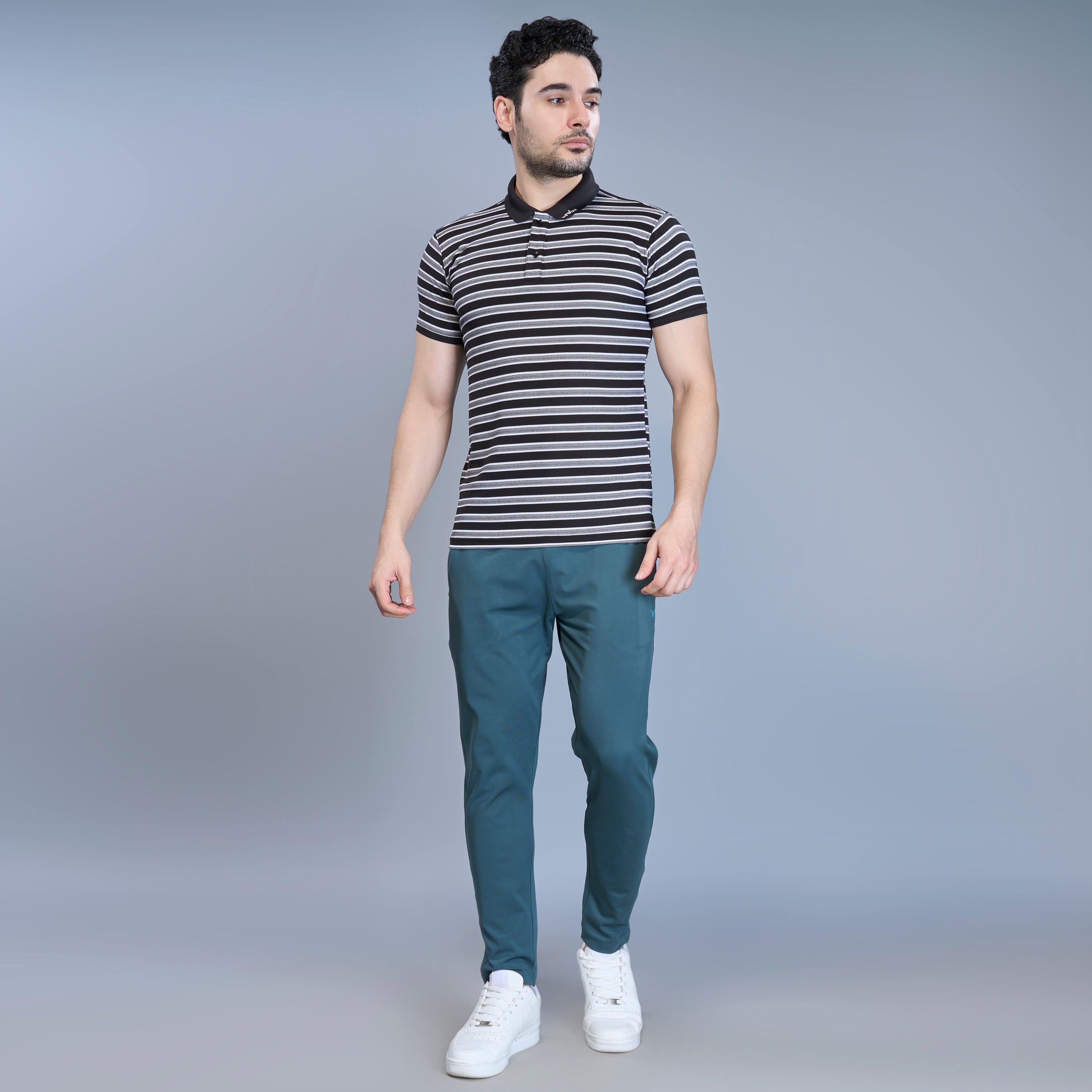 WEWOK Men Striped Regular Fit Half Sleeve Polo Neck Black T-Shirt