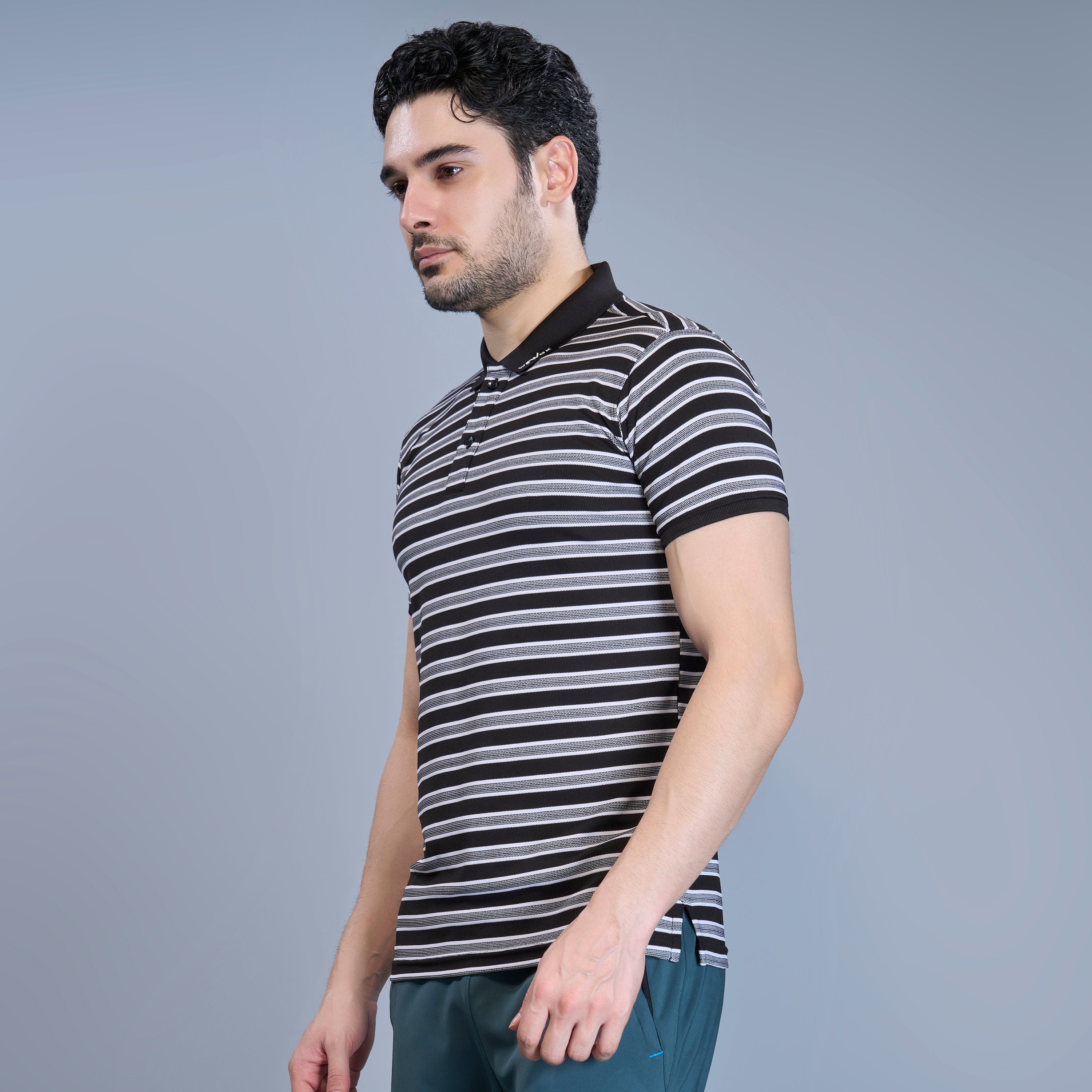WEWOK Men Striped Regular Fit Half Sleeve Polo Neck Black T-Shirt