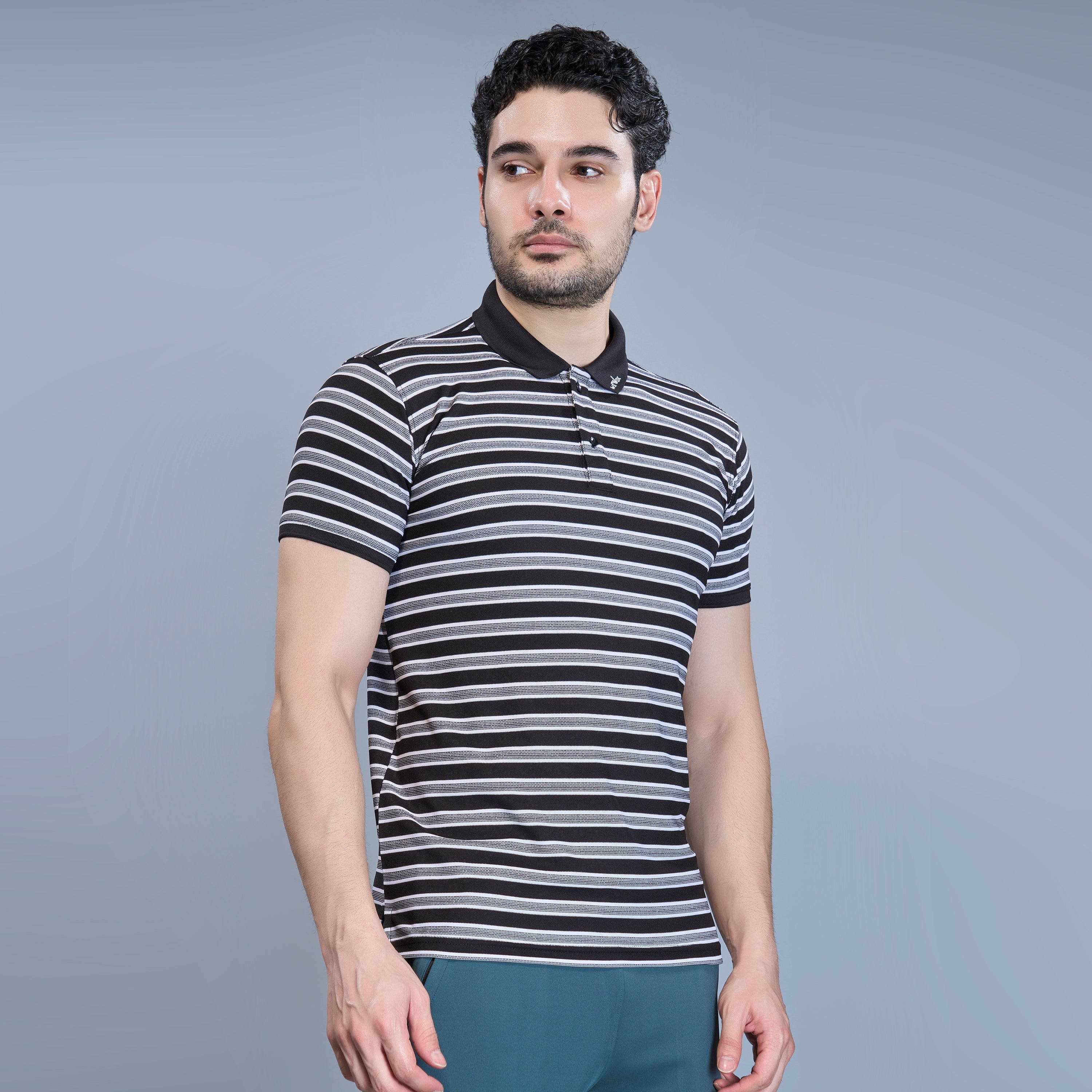 WEWOK Men Striped Regular Fit Half Sleeve Polo Neck Black T-Shirt