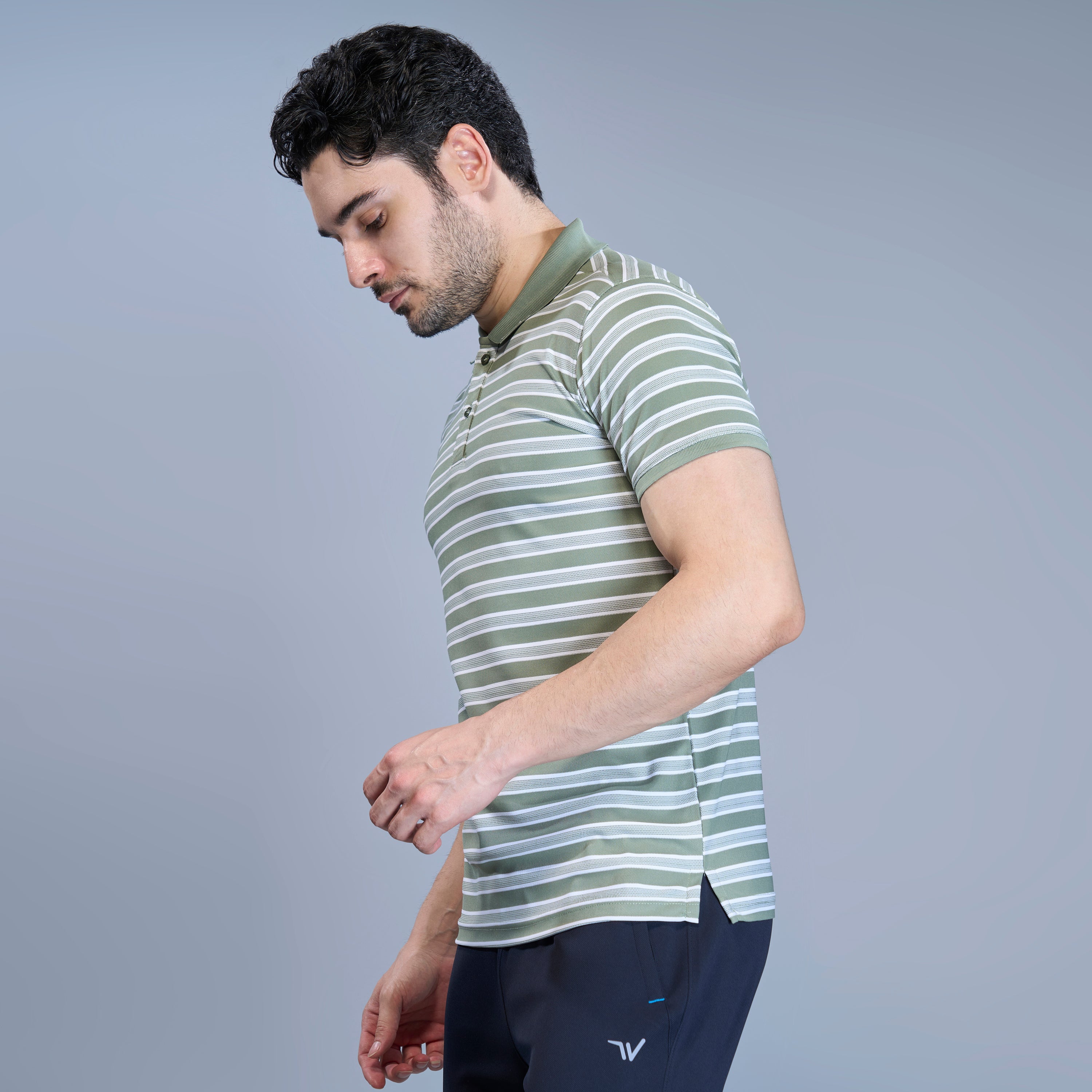 WEWOK Men Striped Regular Fit Half Sleeve Polo Neck Olive Green T-Shirt