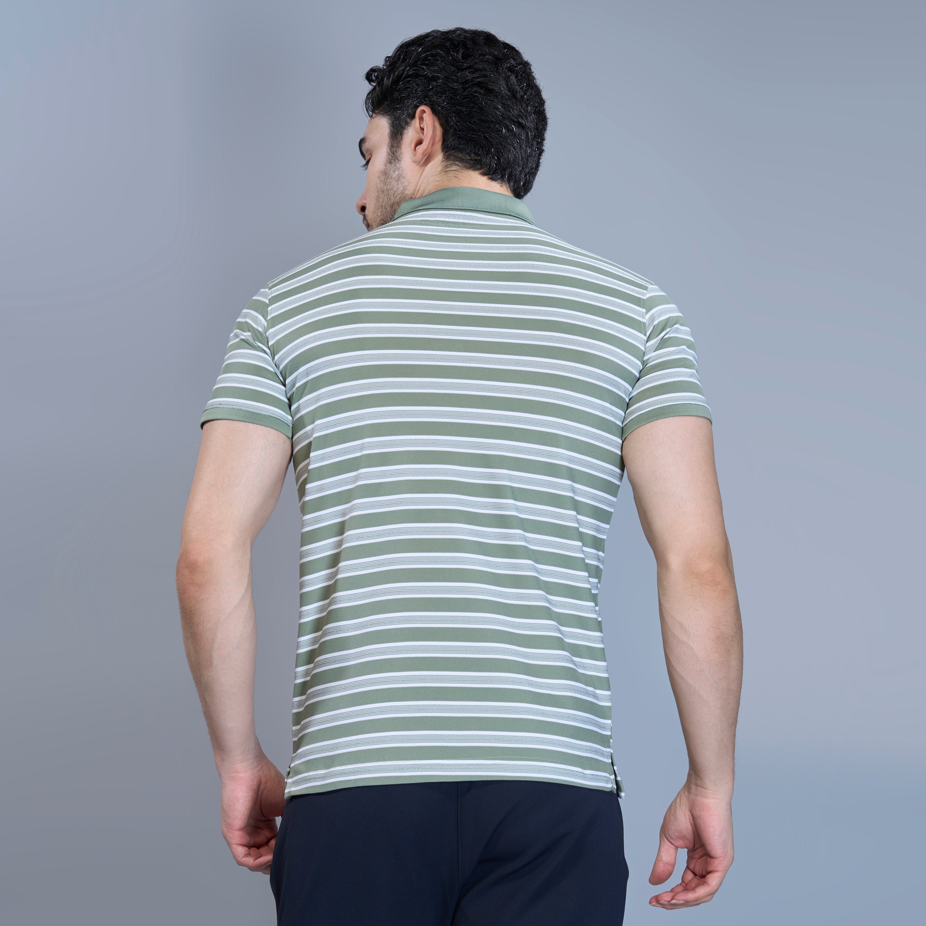 WEWOK Men Striped Regular Fit Half Sleeve Polo Neck Olive Green T-Shirt