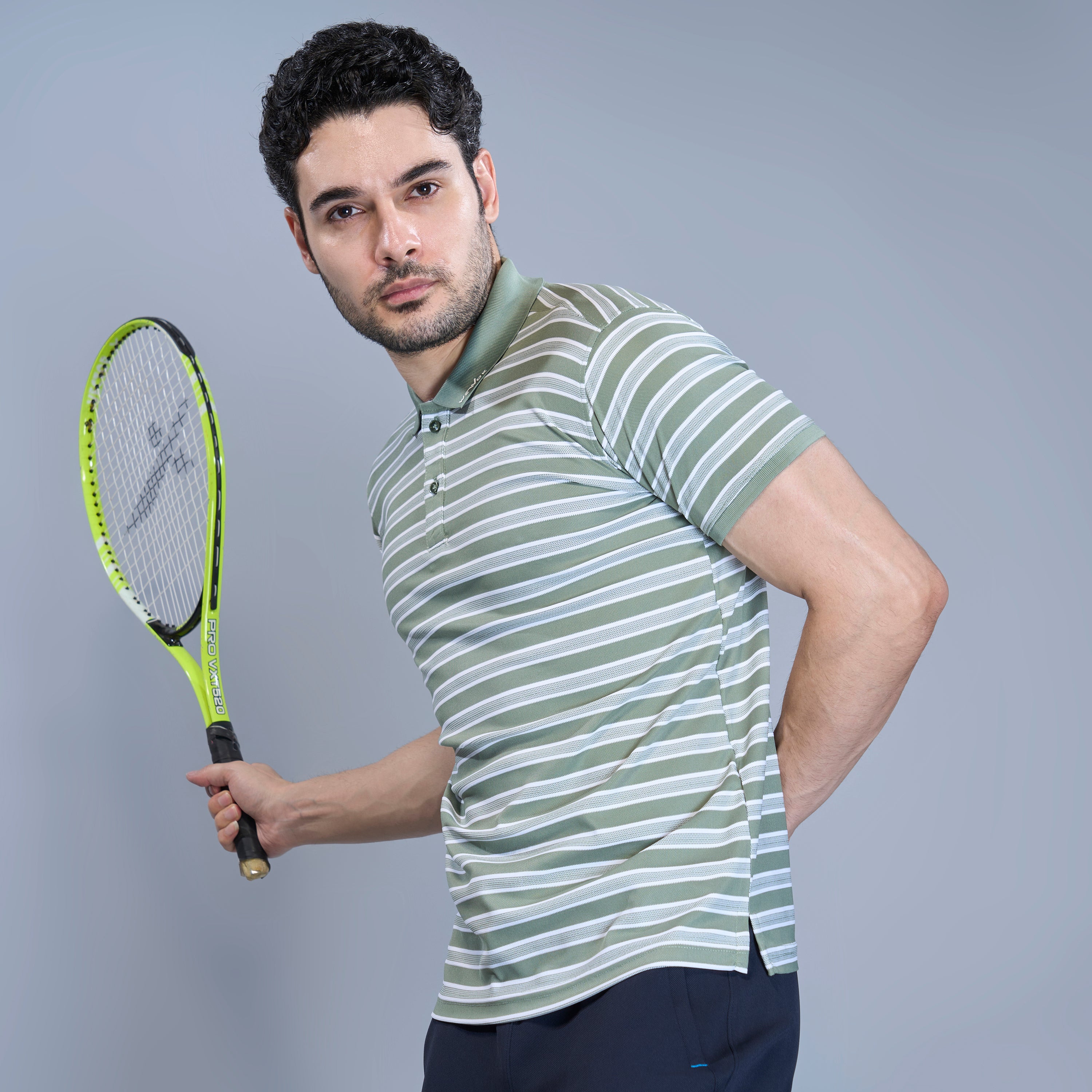 WEWOK Men Striped Regular Fit Half Sleeve Polo Neck Olive Green T-Shirt