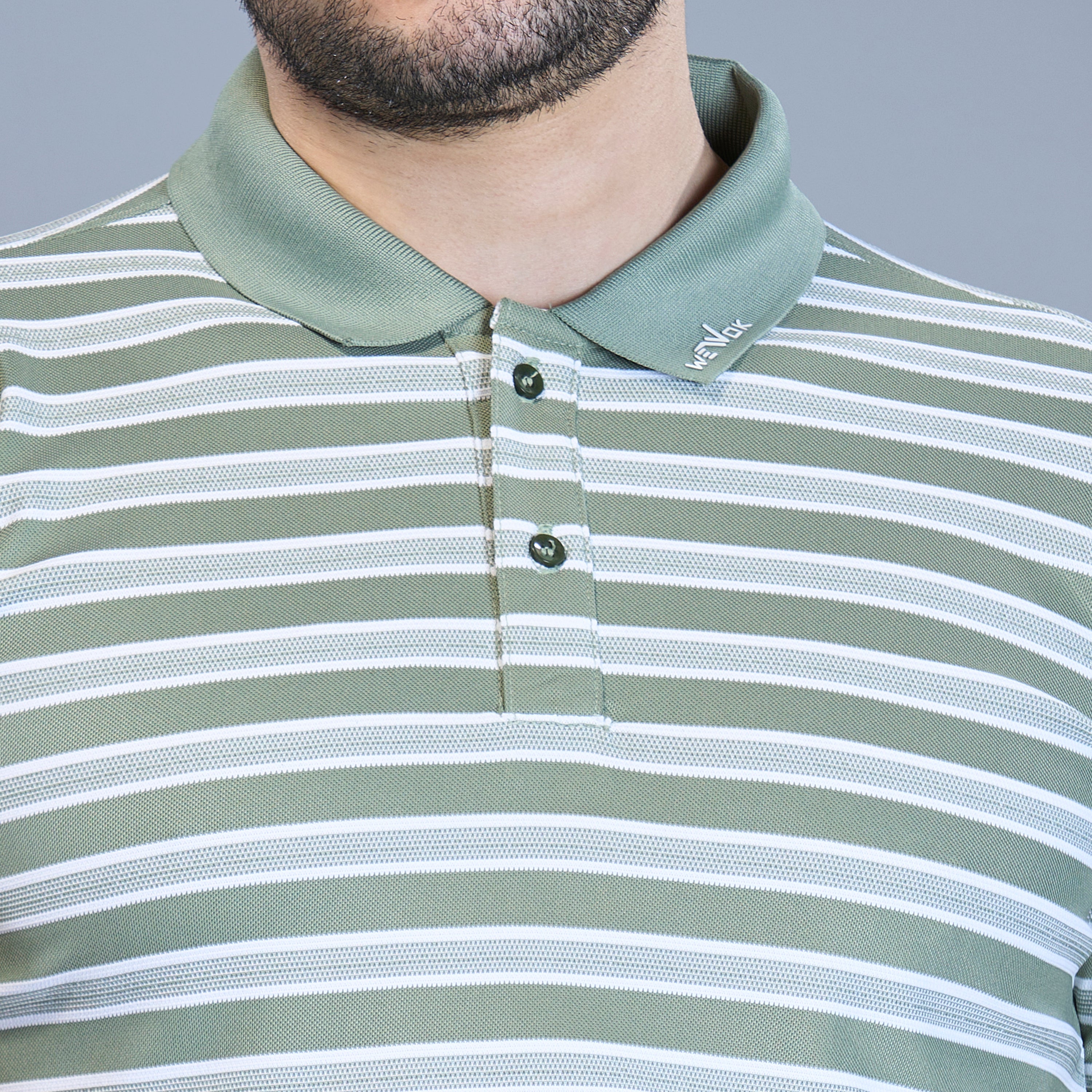 WEWOK Men Striped Regular Fit Half Sleeve Polo Neck Olive Green T-Shirt