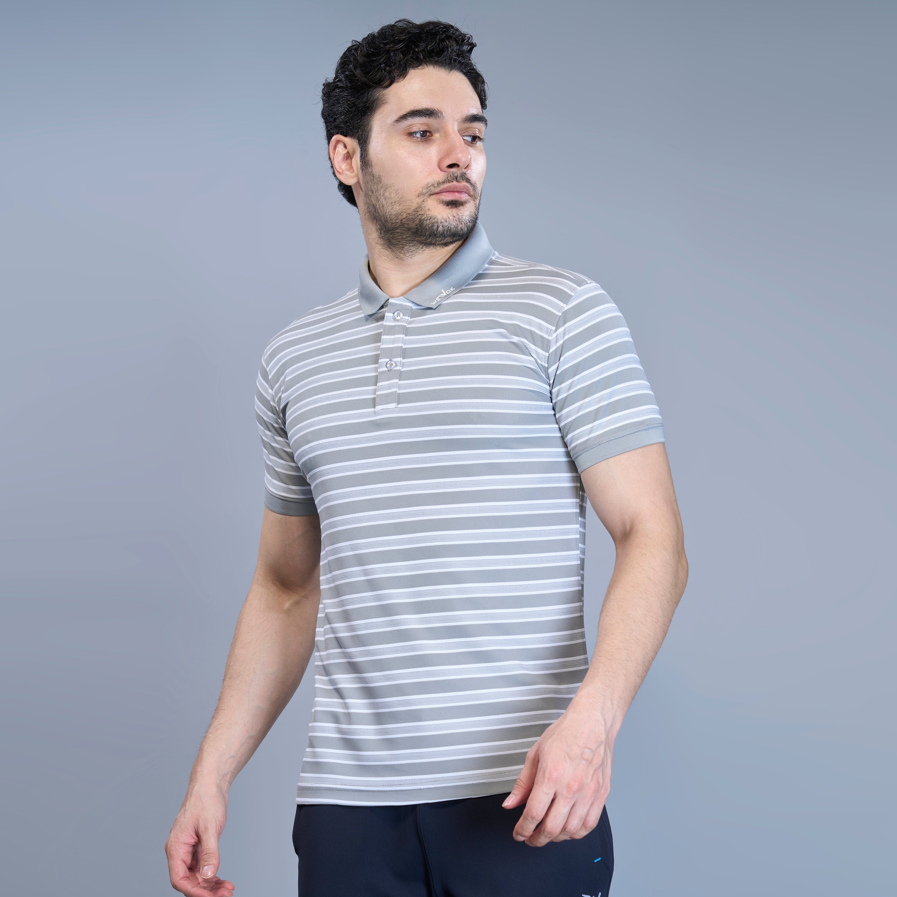 WEWOK Men Striped Regular Fit Half Sleeve Polo Neck Light Grey T-Shirt