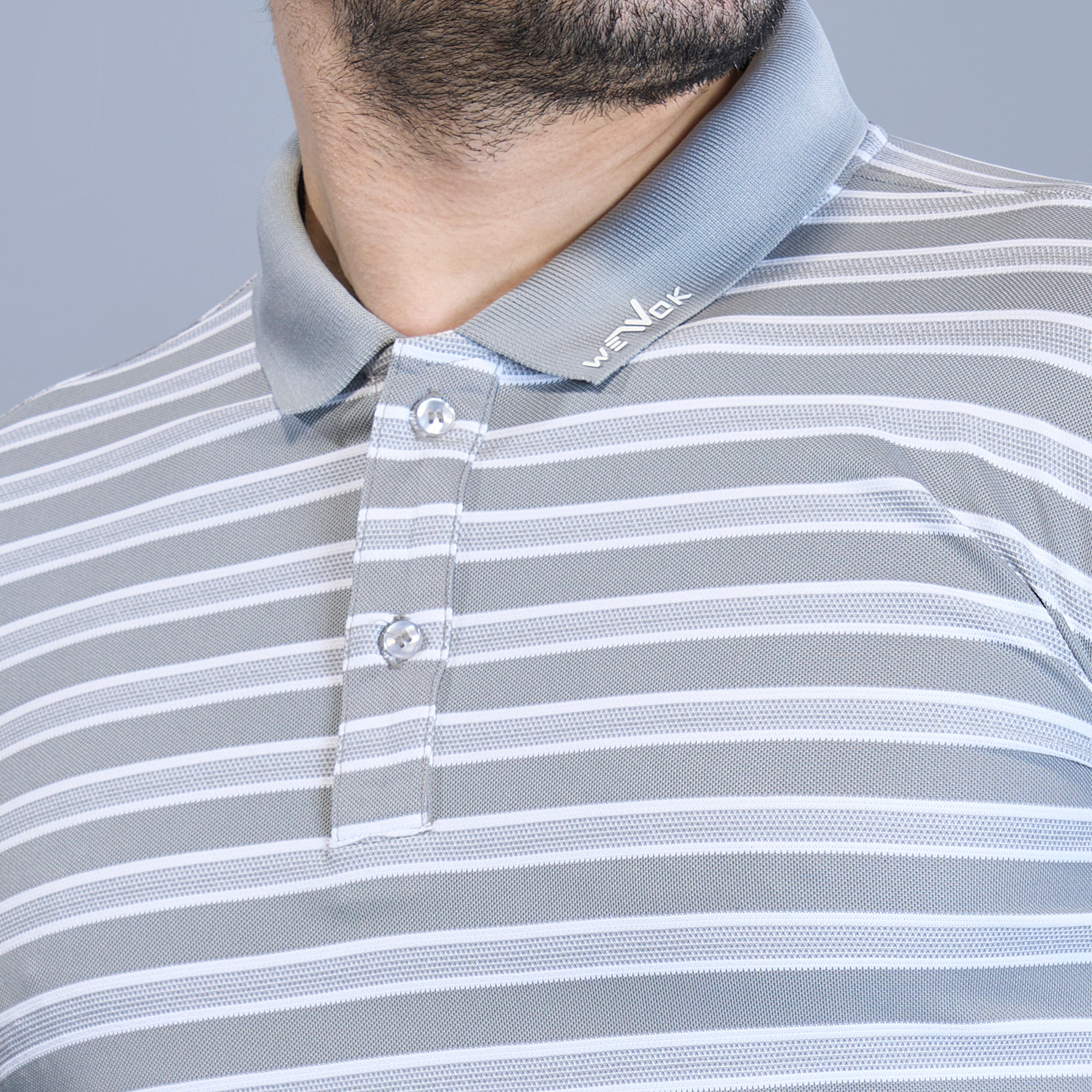 WEWOK Men Striped Regular Fit Half Sleeve Polo Neck Light Grey T-Shirt