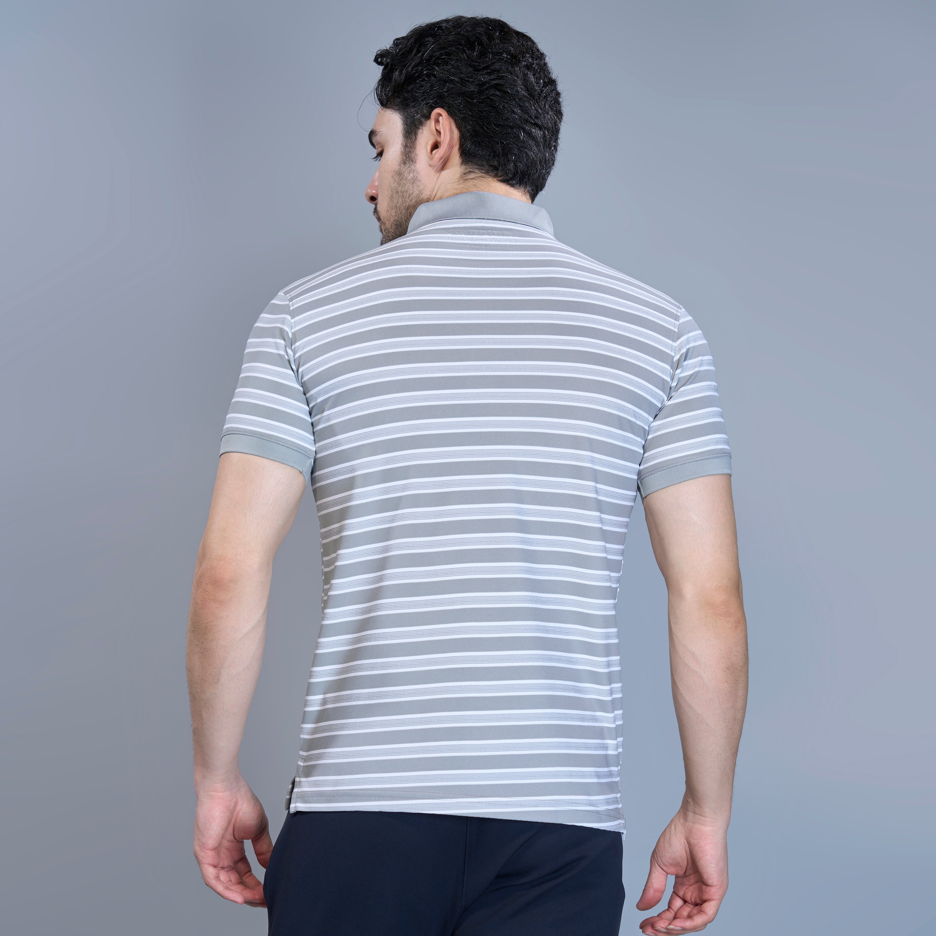 WEWOK Men Striped Regular Fit Half Sleeve Polo Neck Light Grey T-Shirt