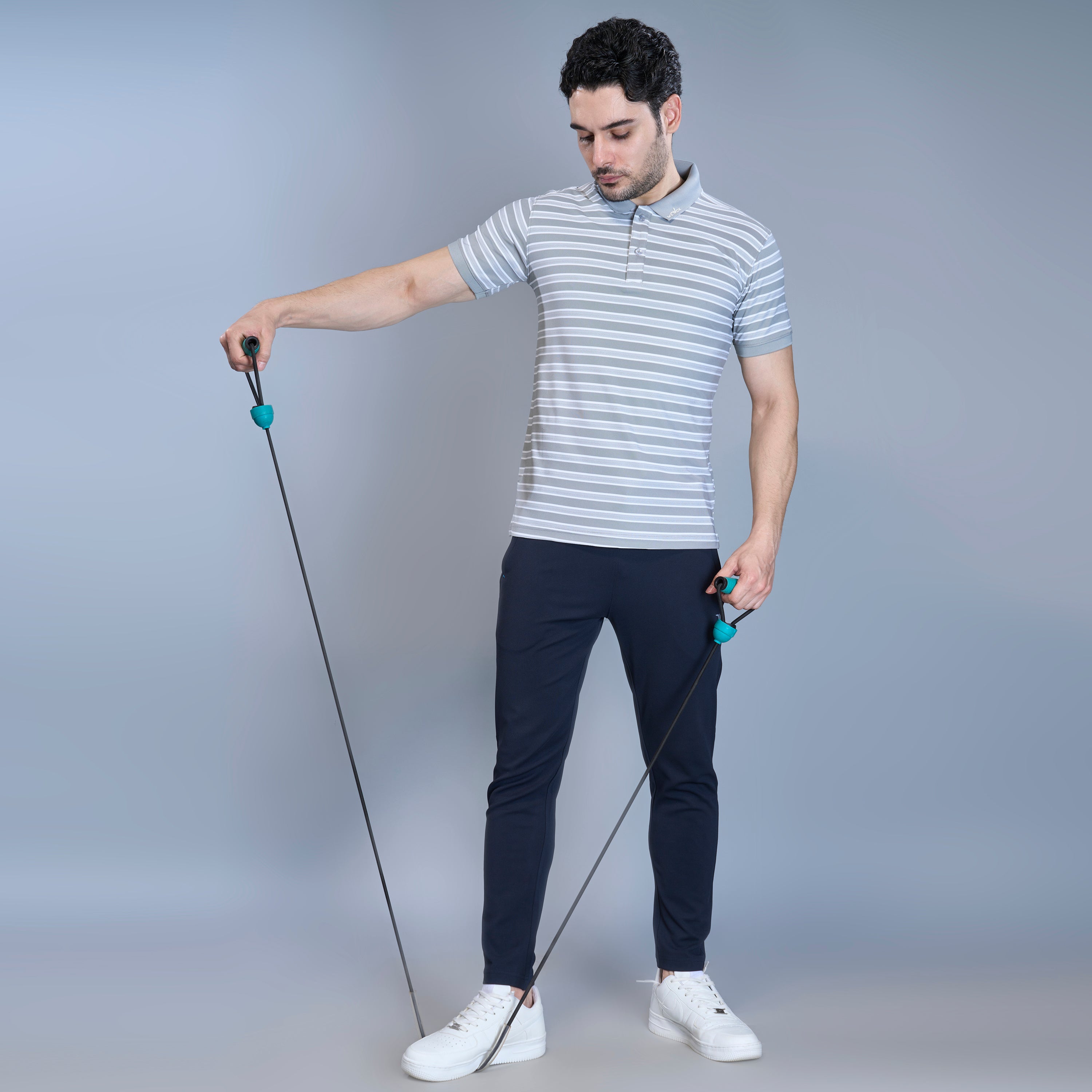 WEWOK Men Striped Regular Fit Half Sleeve Polo Neck Light Grey T-Shirt
