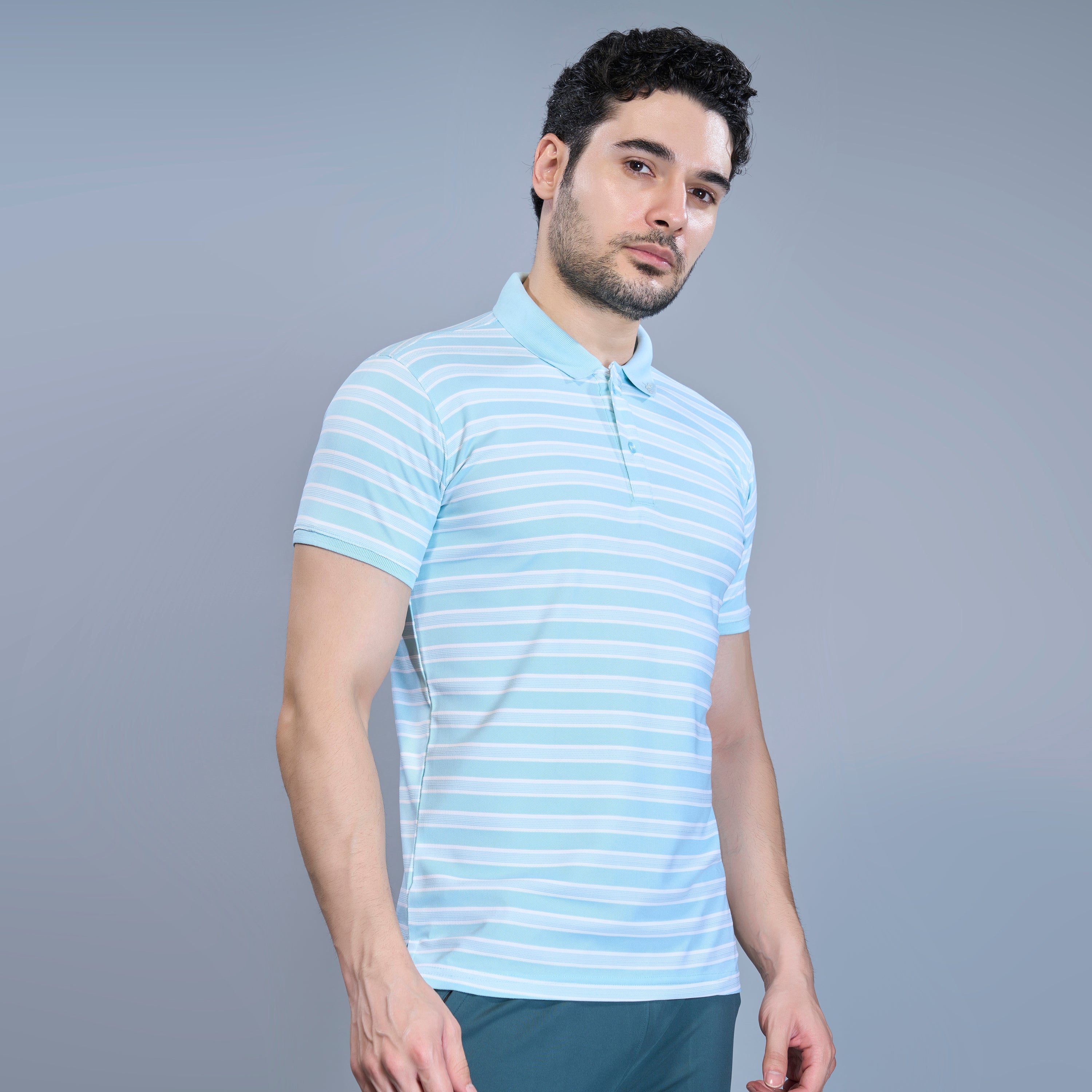 WEWOK Men Striped Regular Fit Half Sleeve Polo Neck Ice Blue T-Shirt