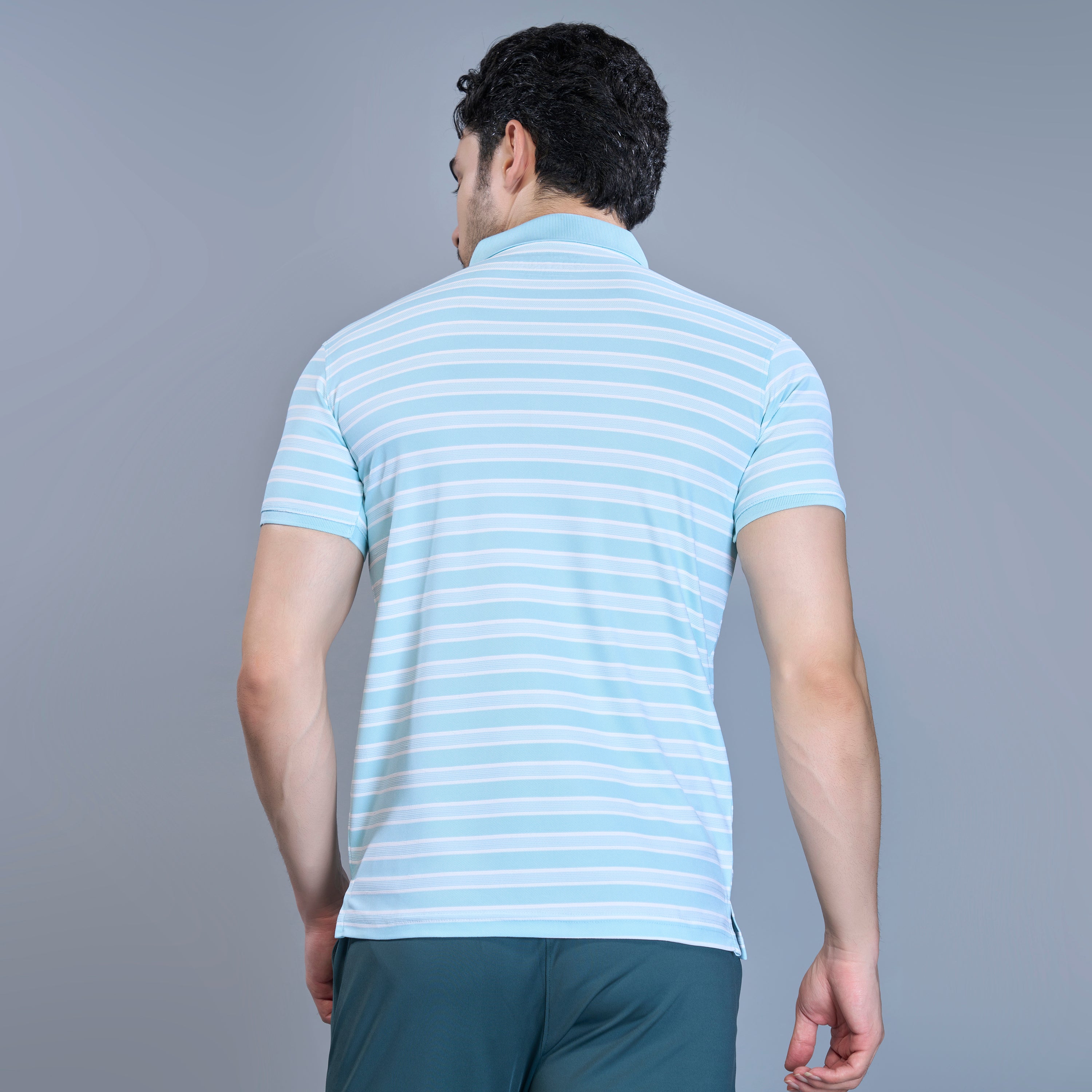 WEWOK Men Striped Regular Fit Half Sleeve Polo Neck Ice Blue T-Shirt