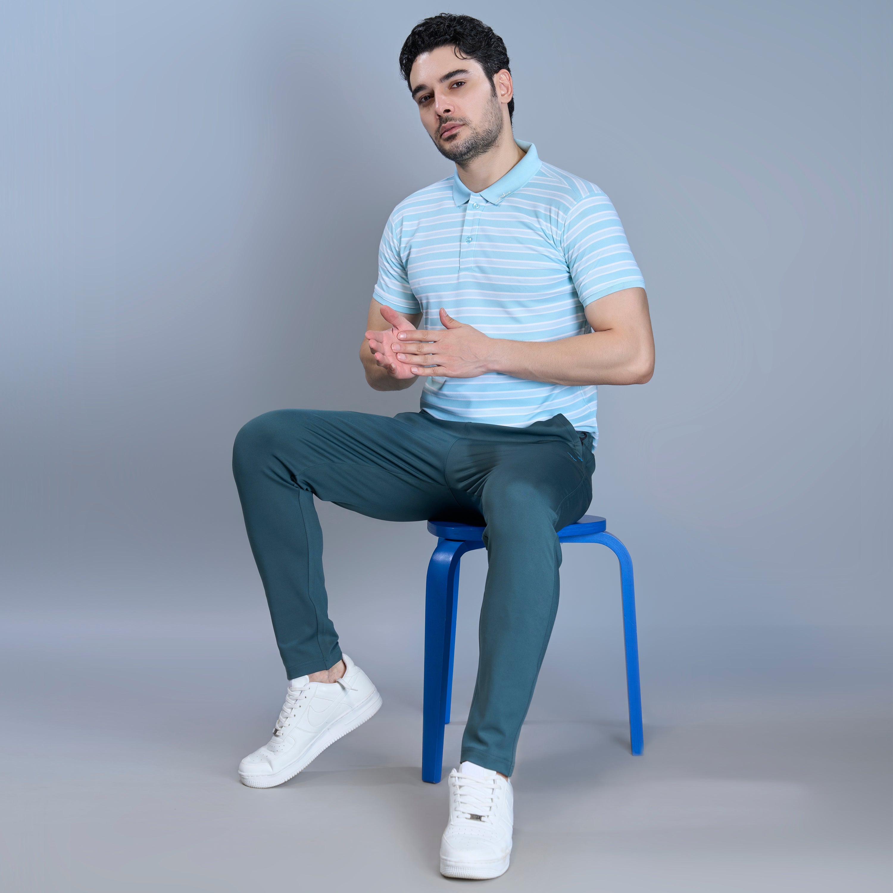 WEWOK Men Striped Regular Fit Half Sleeve Polo Neck Ice Blue T-Shirt