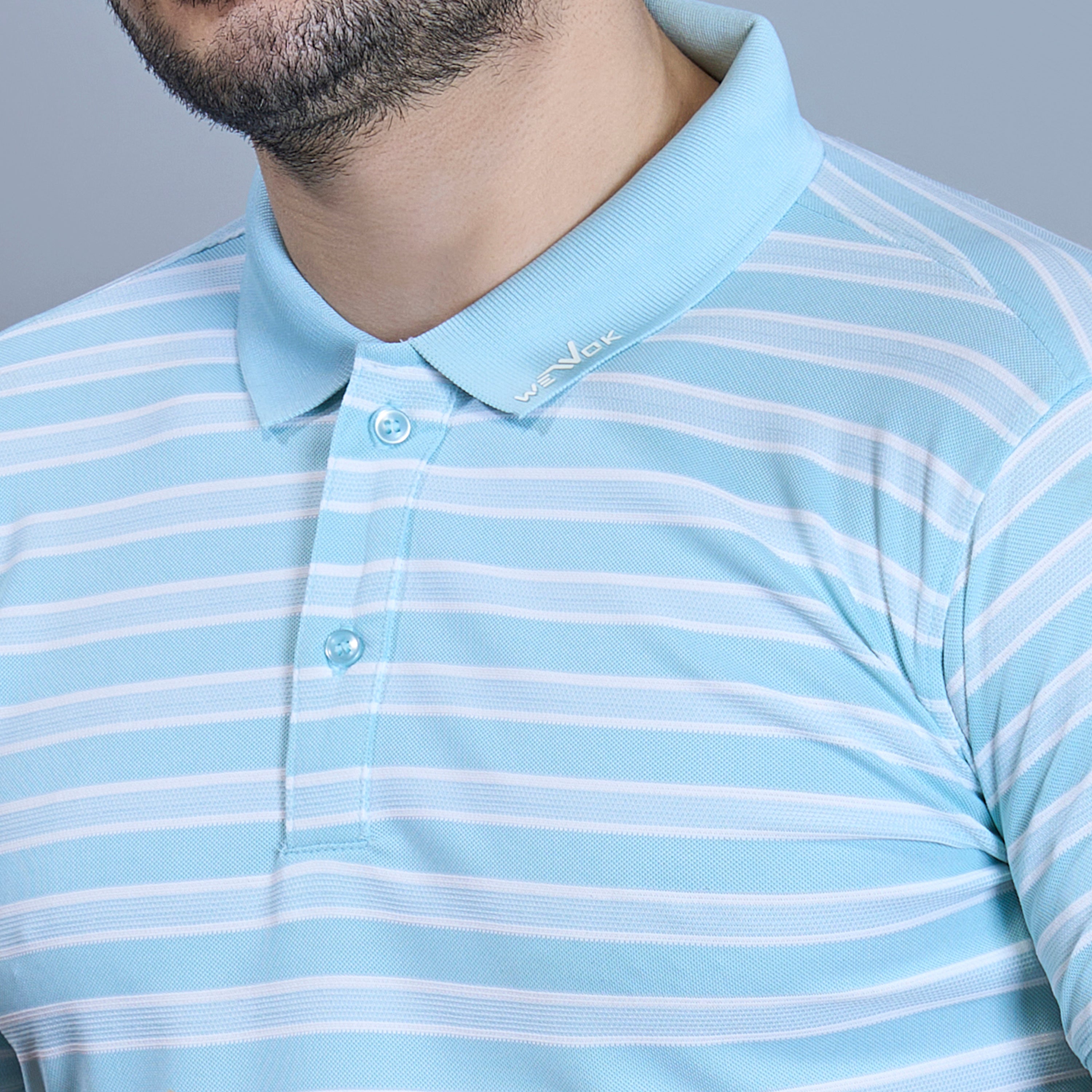 WEWOK Men Striped Regular Fit Half Sleeve Polo Neck Ice Blue T-Shirt
