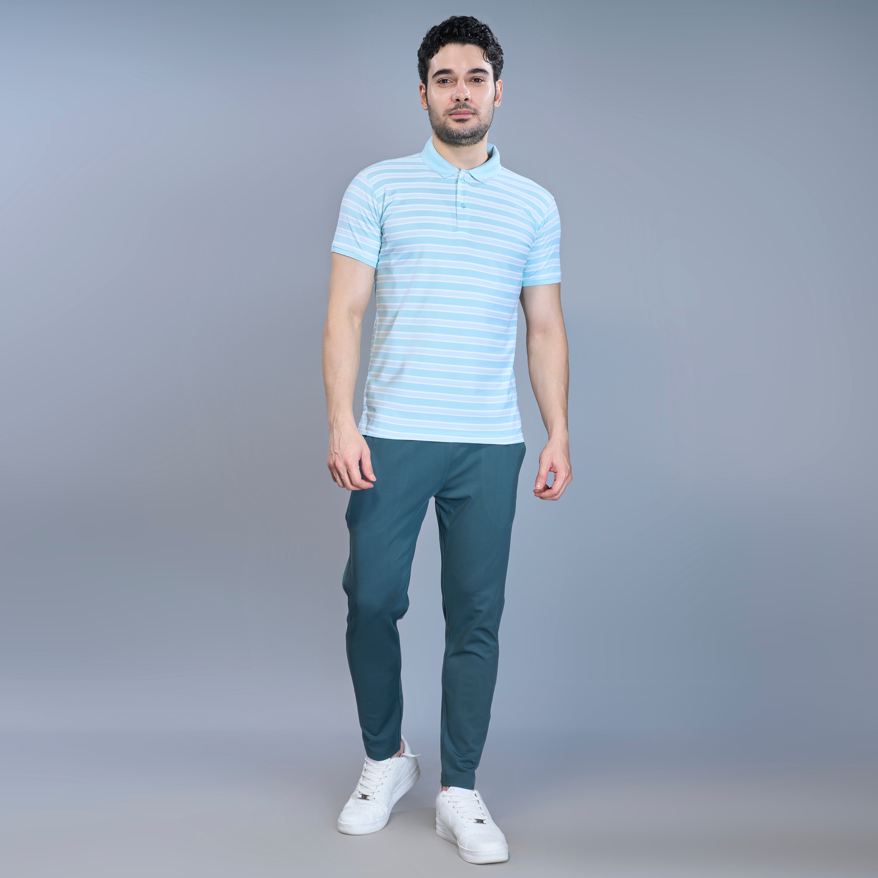 WEWOK Men Striped Regular Fit Half Sleeve Polo Neck Ice Blue T-Shirt