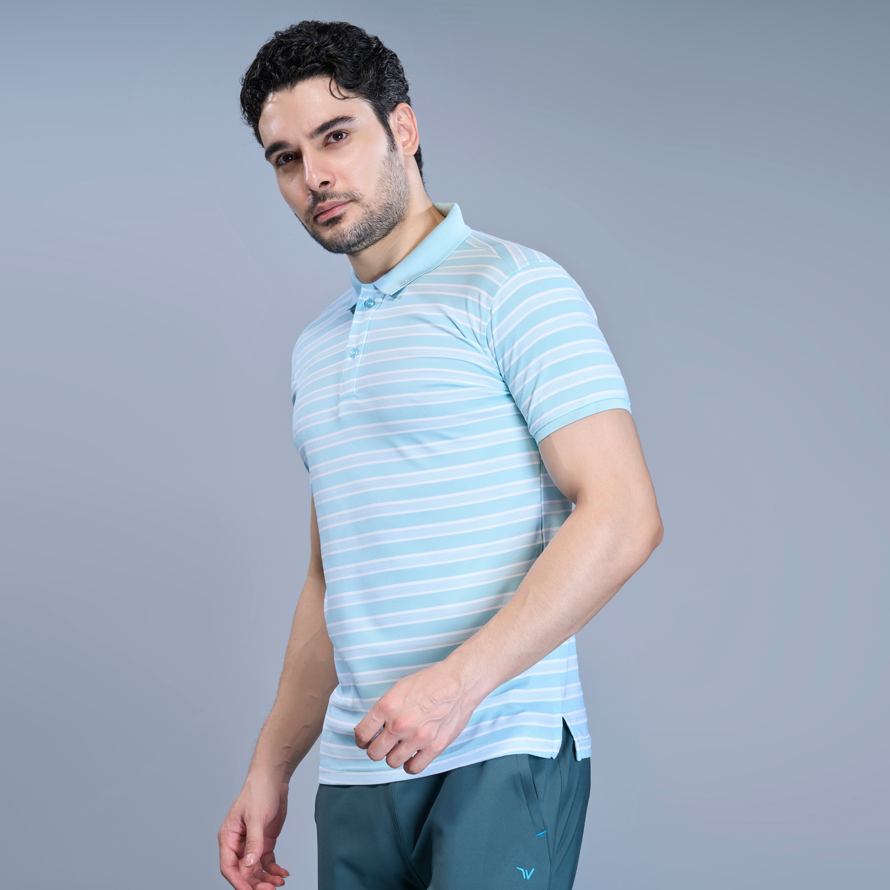 WEWOK Men Striped Regular Fit Half Sleeve Polo Neck Ice Blue T-Shirt