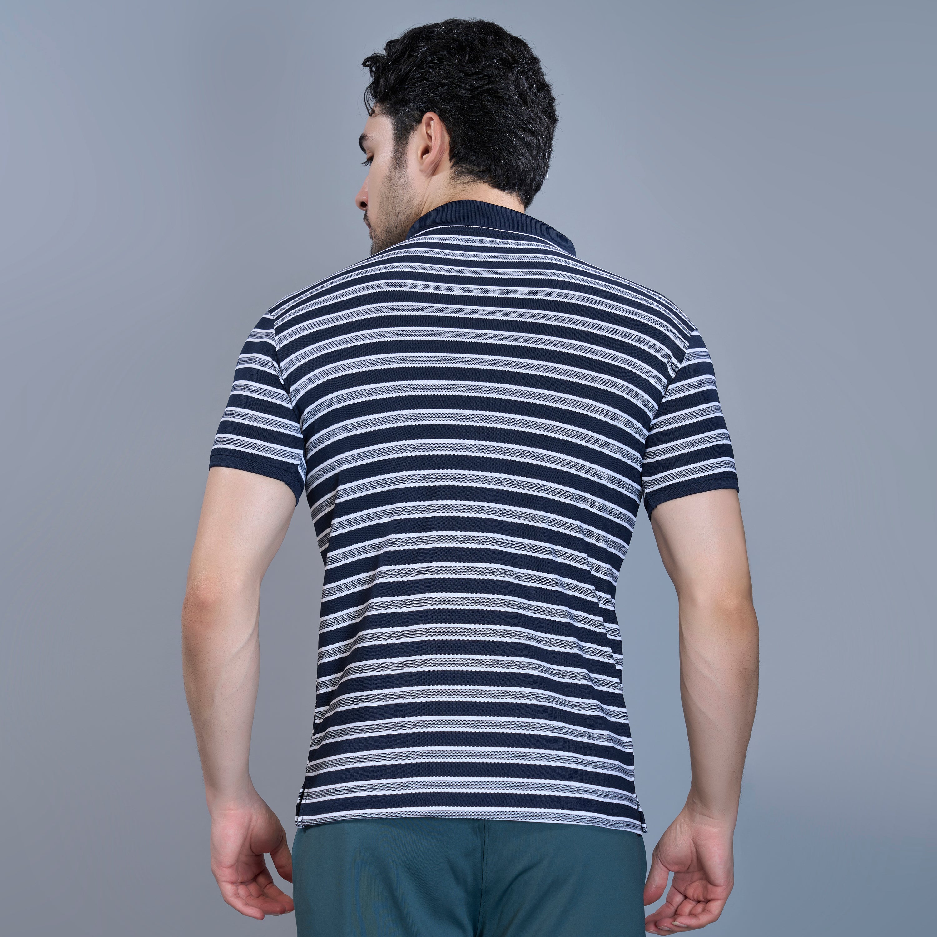 WEWOK Men Striped Regular Fit Half Sleeve Polo Neck Navy Blue T-Shirt