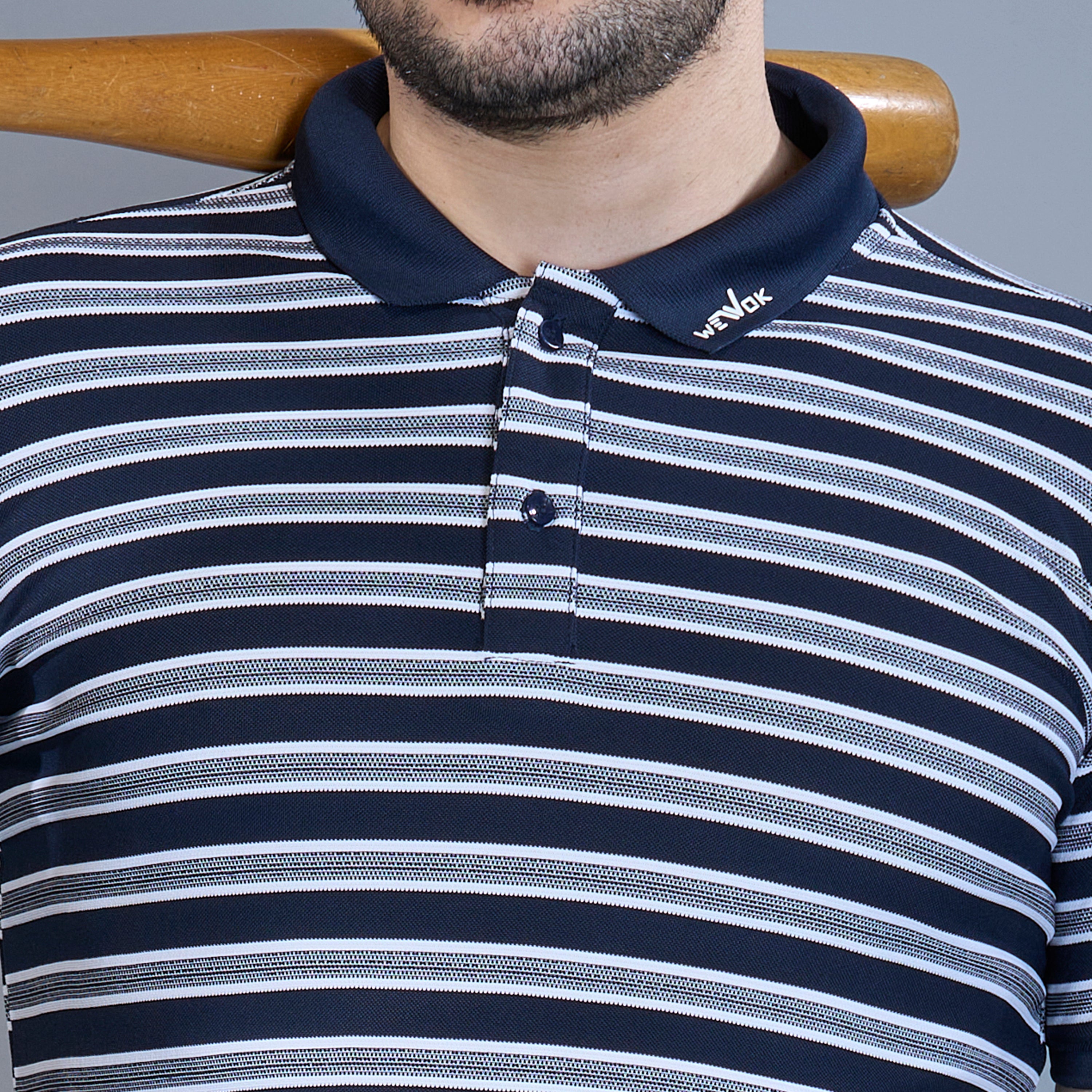 WEWOK Men Striped Regular Fit Half Sleeve Polo Neck Navy Blue T-Shirt