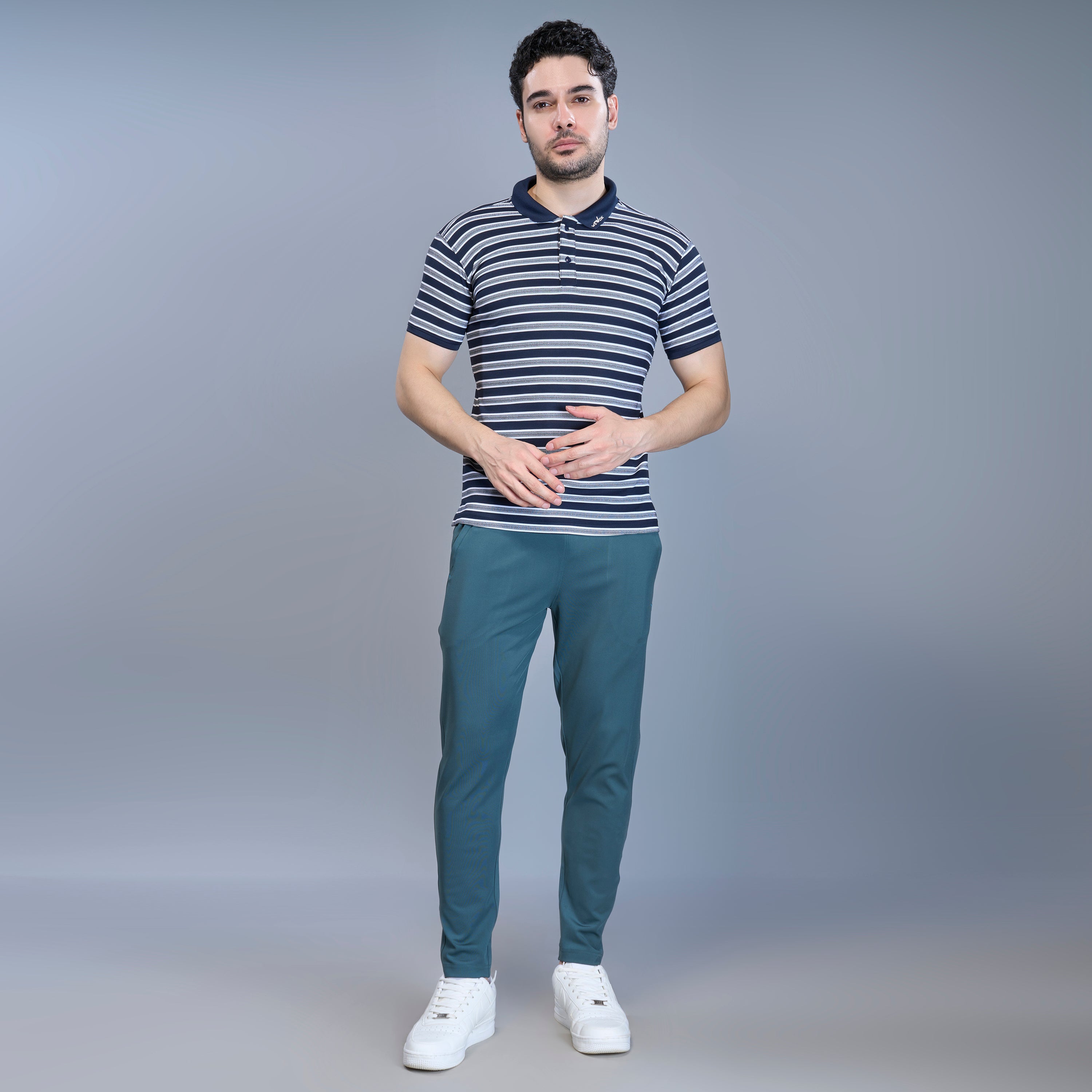 WEWOK Men Striped Regular Fit Half Sleeve Polo Neck Navy Blue T-Shirt