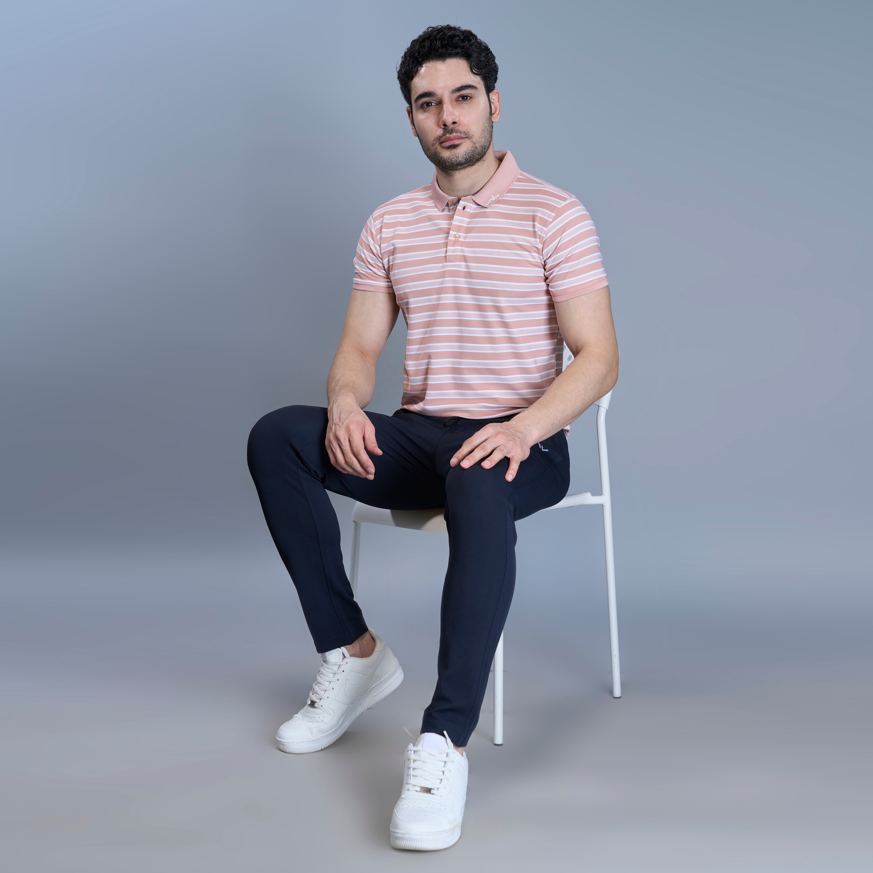 WEWOK Men Striped Regular Fit Half Sleeve Polo Neck Peach T-Shirt