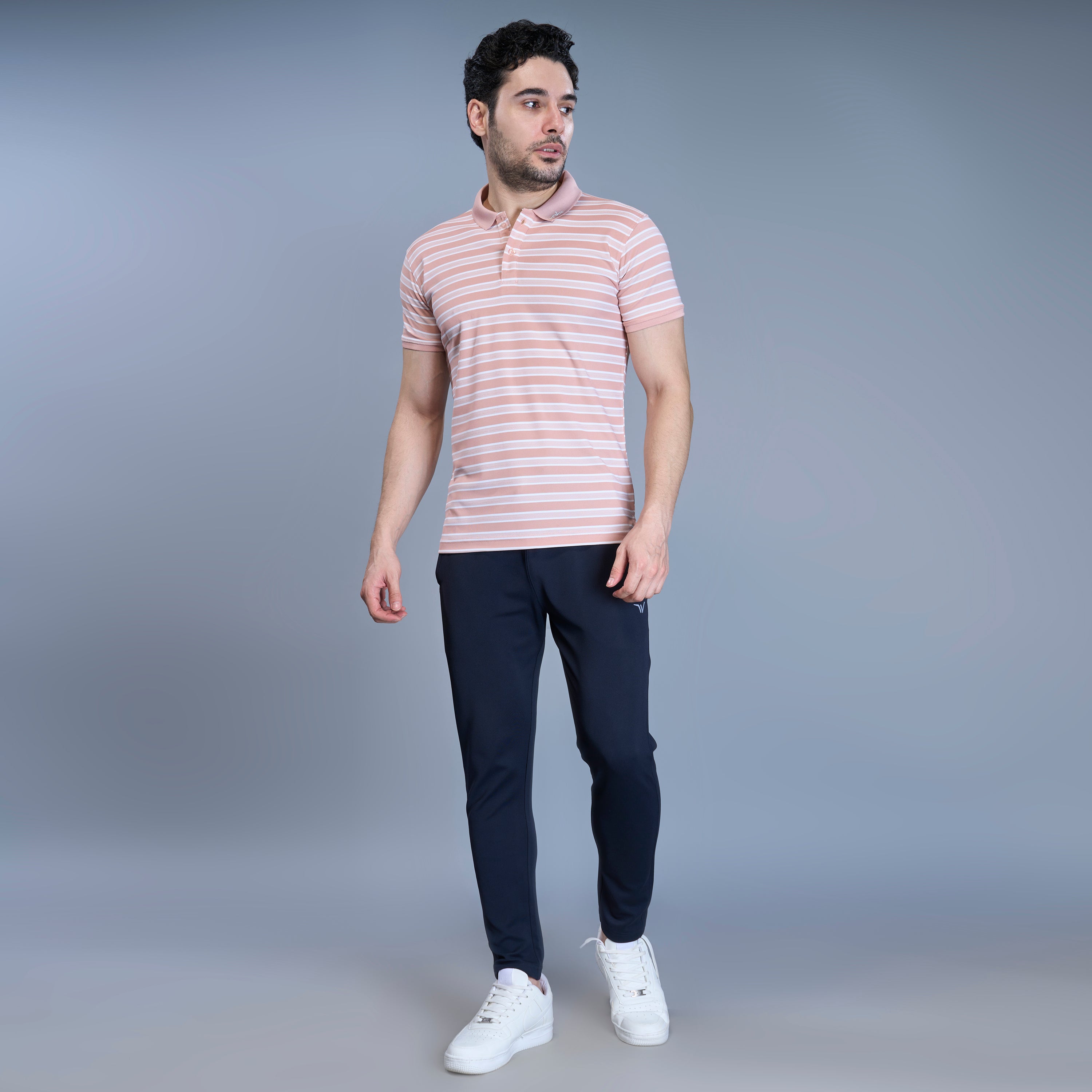 WEWOK Men Striped Regular Fit Half Sleeve Polo Neck Peach T-Shirt