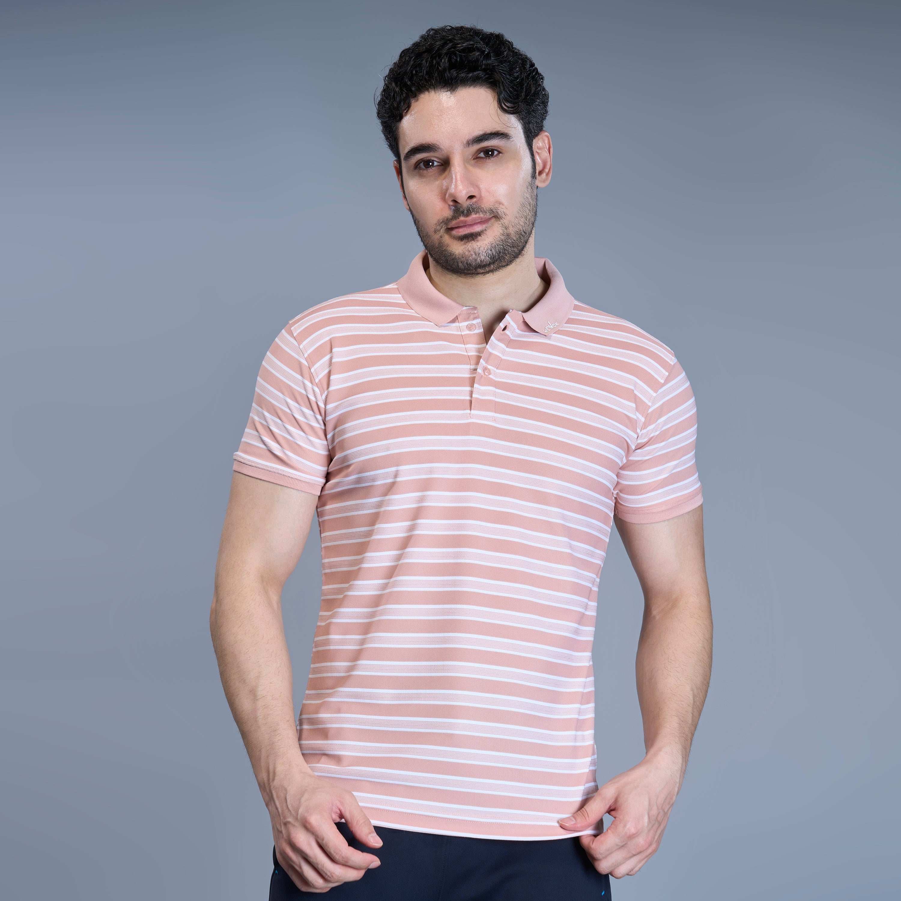 WEWOK Men Striped Regular Fit Half Sleeve Polo Neck Peach T-Shirt