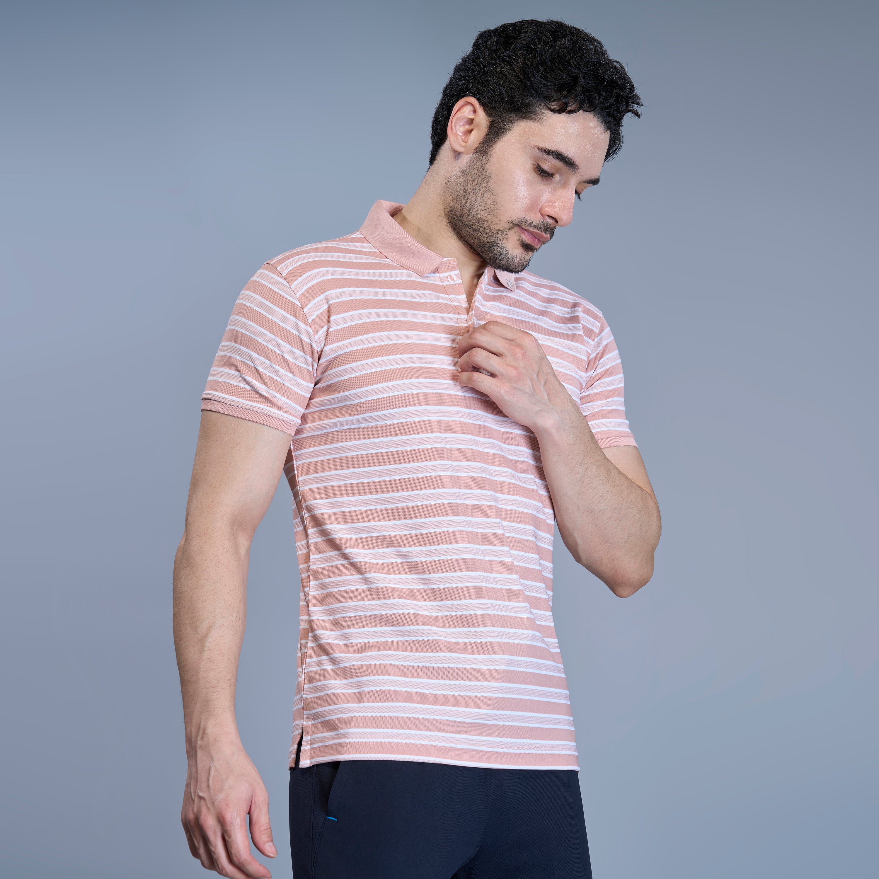 WEWOK Men Striped Regular Fit Half Sleeve Polo Neck Peach T-Shirt