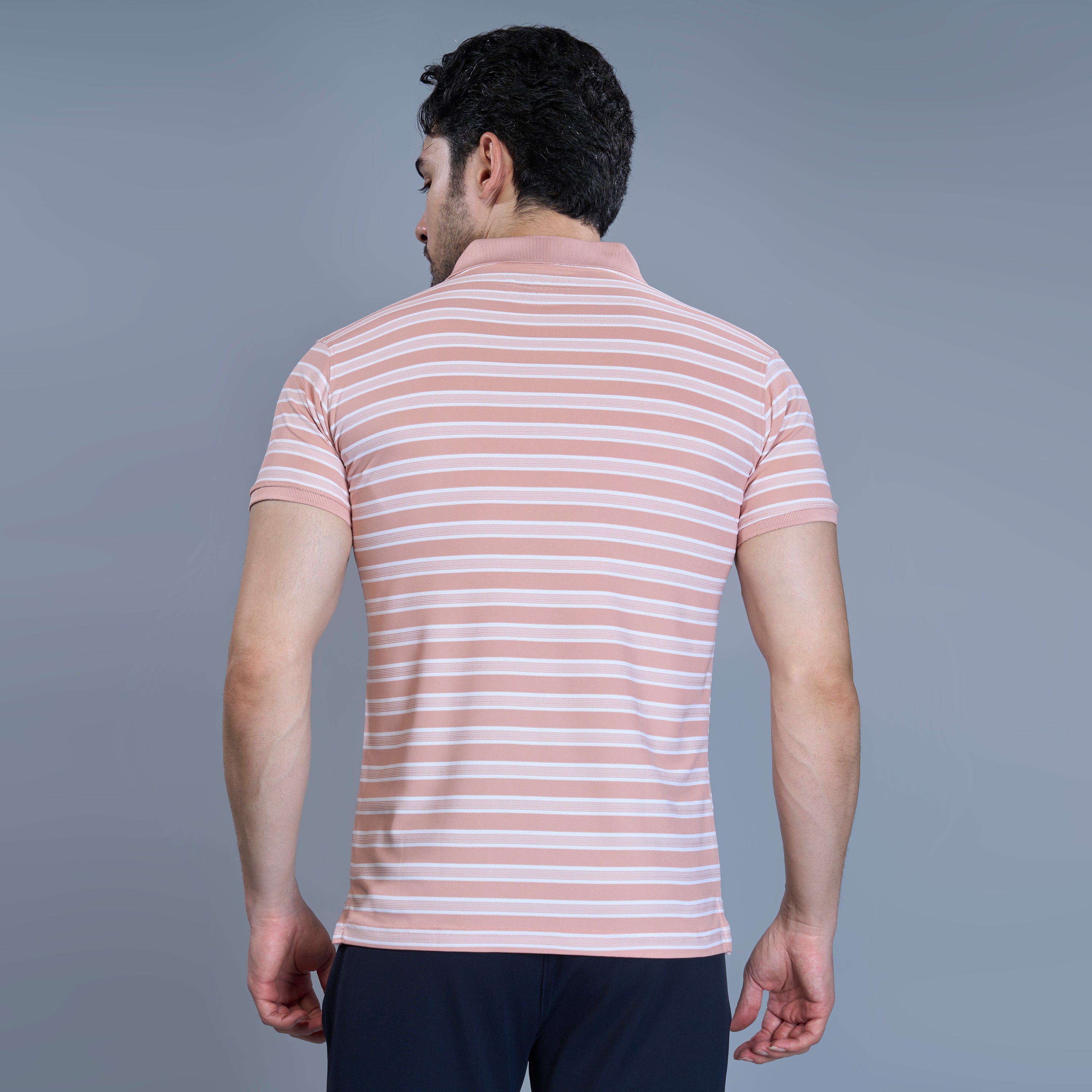 WEWOK Men Striped Regular Fit Half Sleeve Polo Neck Peach T-Shirt