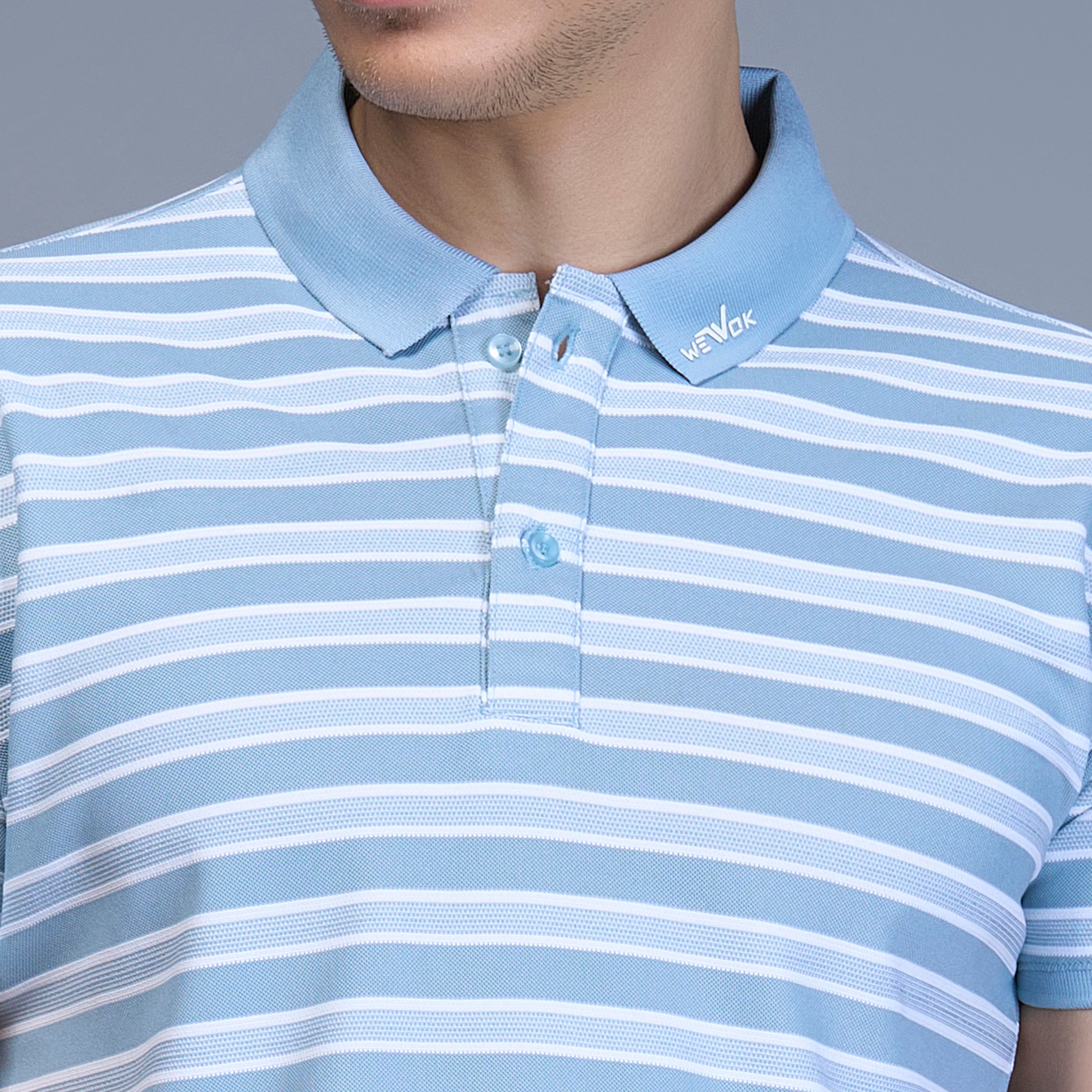 WEWOK Men Striped Regular Fit Half Sleeve Polo Neck Sky Blue T-Shirt