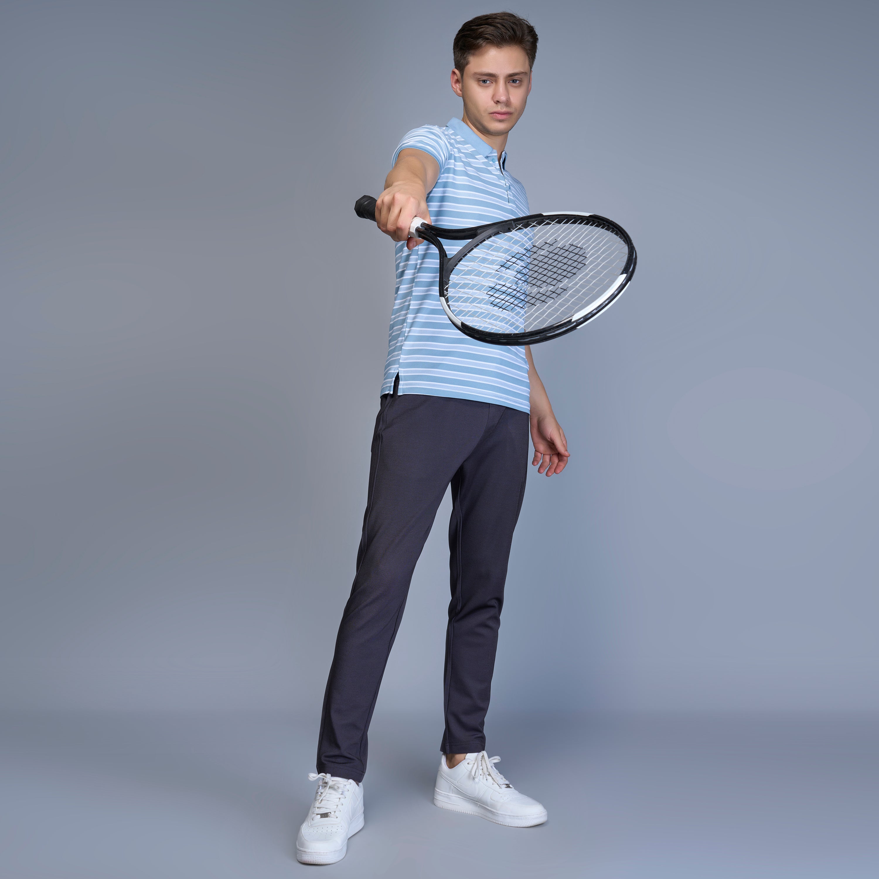WEWOK Men Striped Regular Fit Half Sleeve Polo Neck Sky Blue T-Shirt
