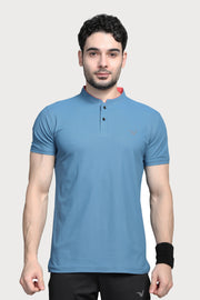 WEWOK men's Mandarin collar sports T-shirt in teal blue