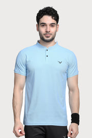 WEWOK men's Mandarin collar sports T-shirt in sky blue