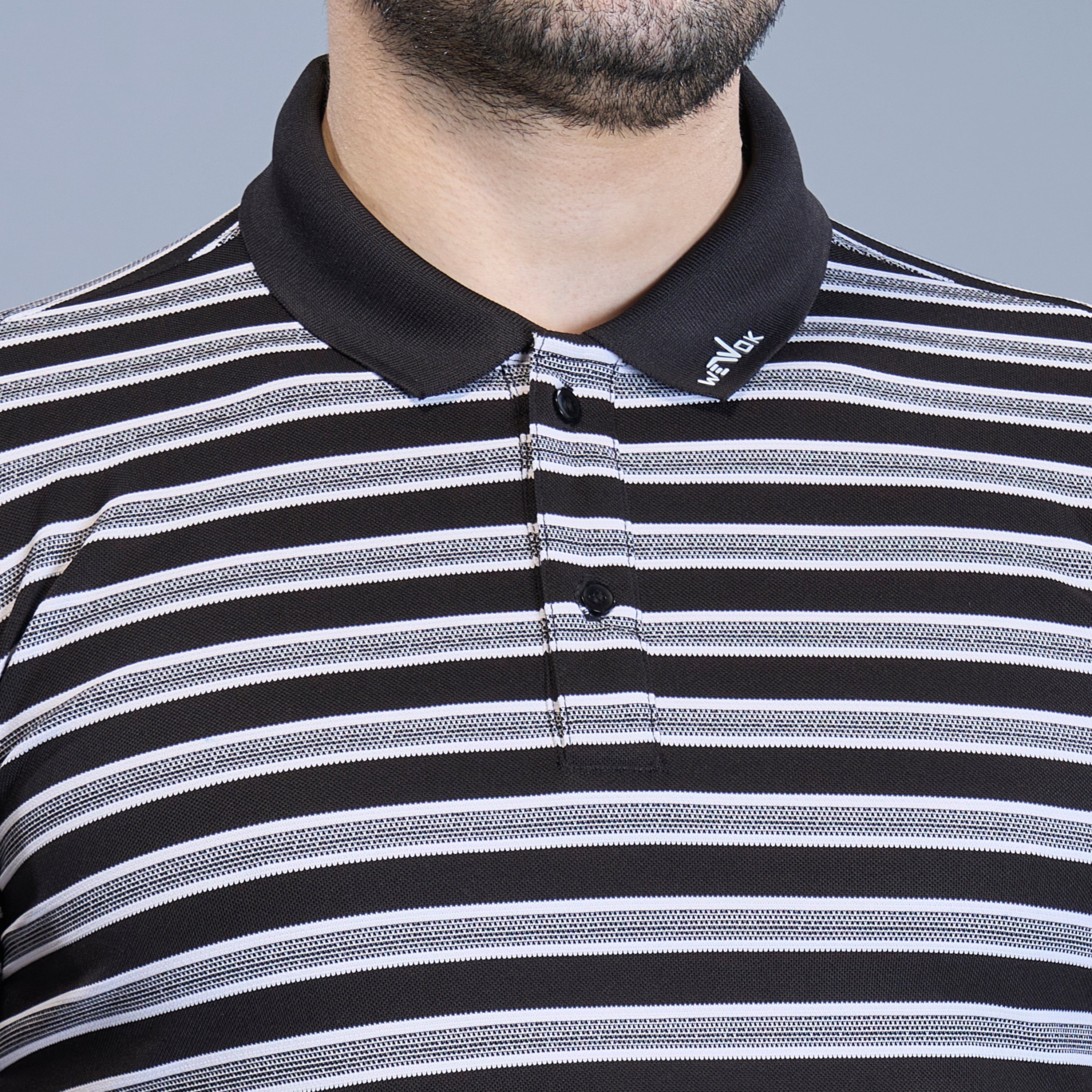 WEWOK Men Striped Regular Fit Half Sleeve Polo Neck Black T-Shirt