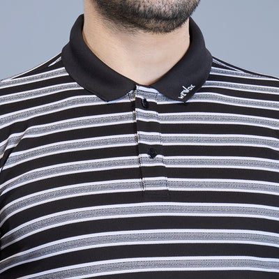 WEWOK Men Striped Regular Fit Half Sleeve Polo Neck Black T-Shirt