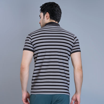 WEWOK Men Striped Regular Fit Half Sleeve Polo Neck Black T-Shirt