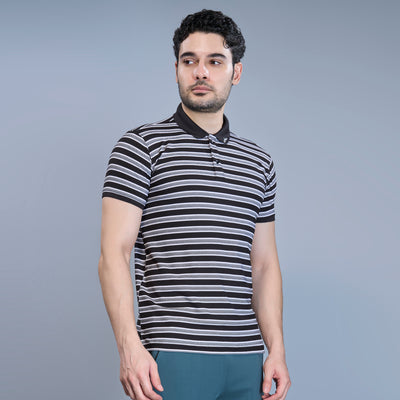 WEWOK Men Striped Regular Fit Half Sleeve Polo Neck Black T-Shirt