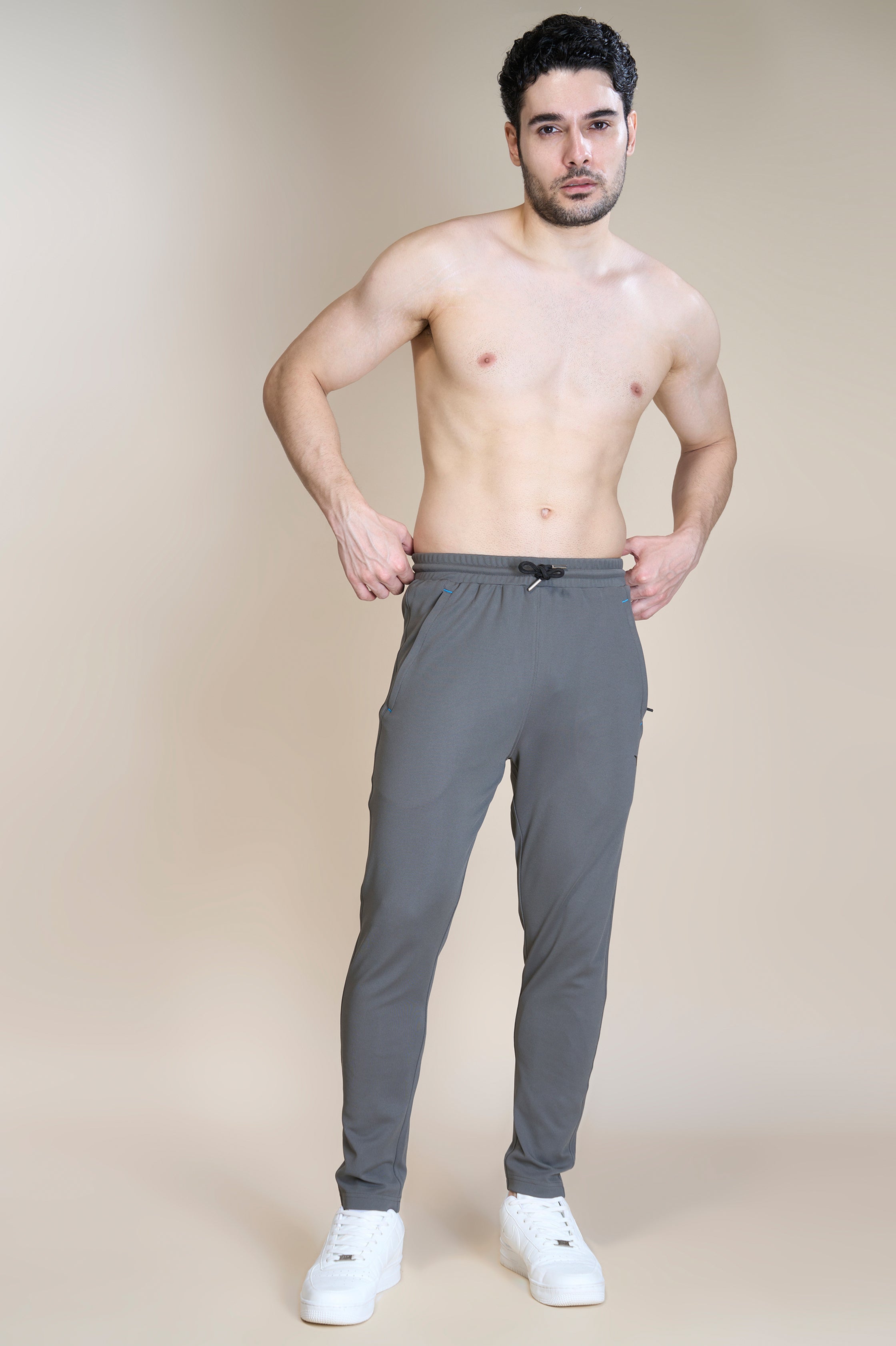 Gym Slim Fit Elastic Waist Lightweight Twill Track Pant -  Smoke Grey