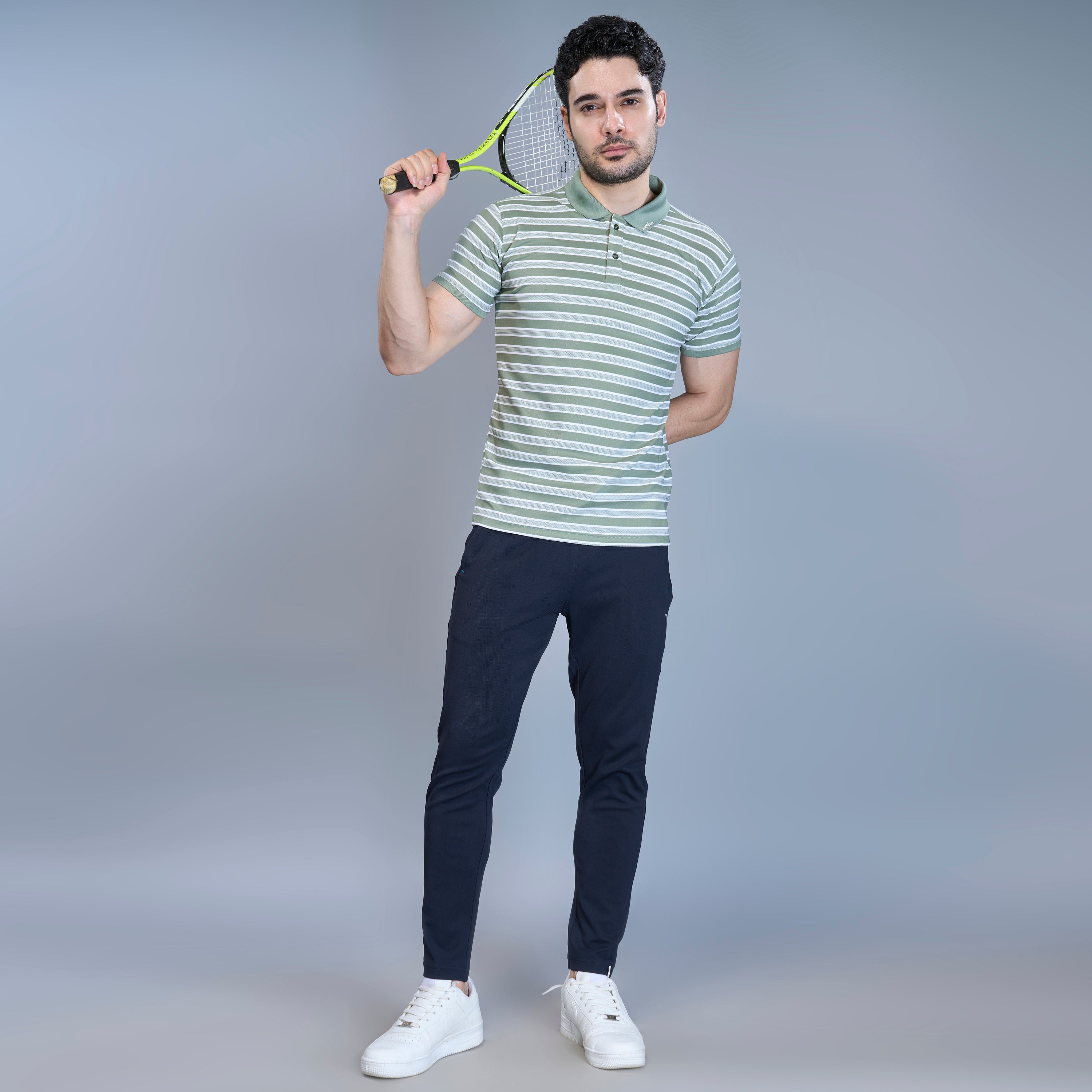 WEWOK Men Striped Regular Fit Half Sleeve Polo Neck Olive Green T-Shirt
