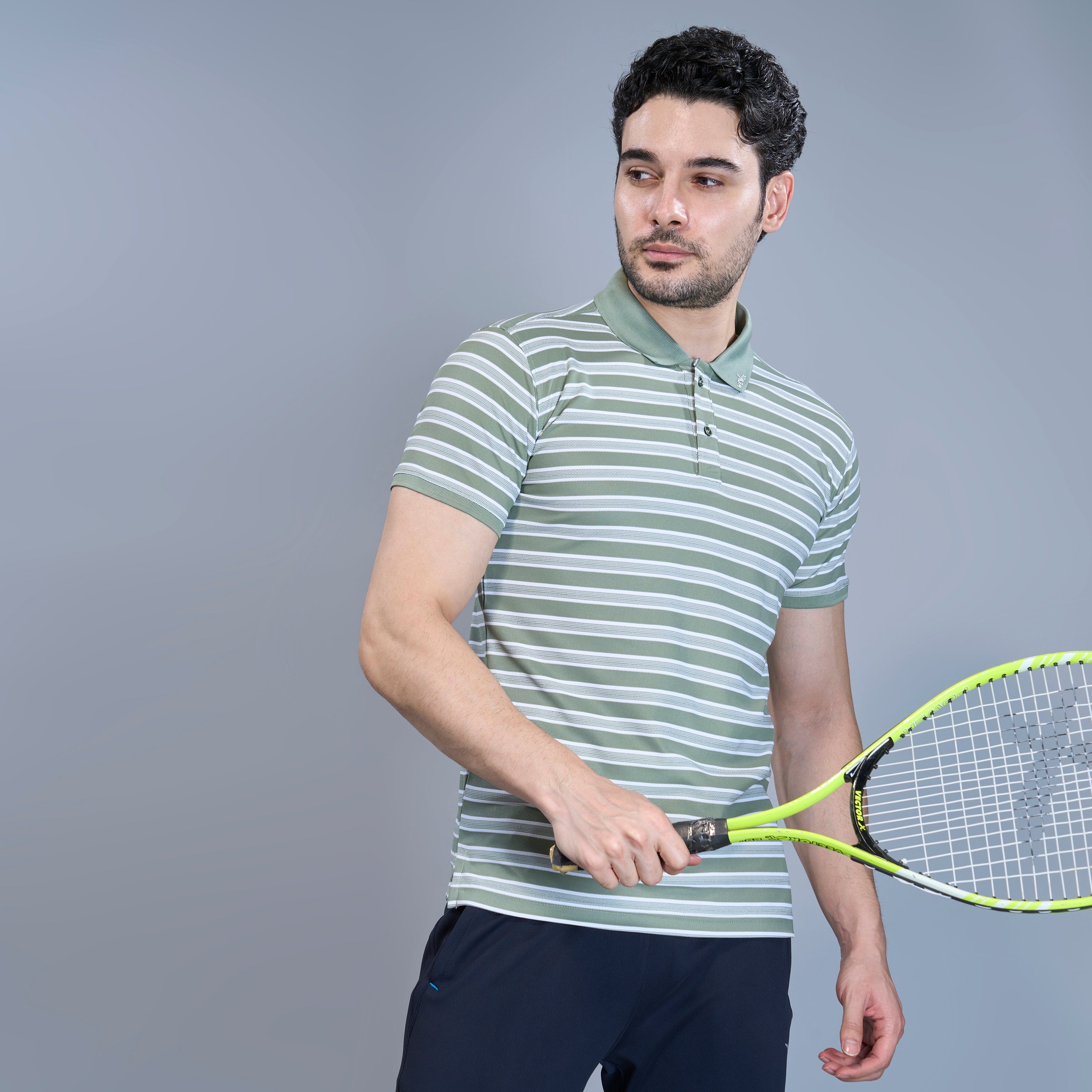 WEWOK Men Striped Regular Fit Half Sleeve Polo Neck Olive Green T-Shirt