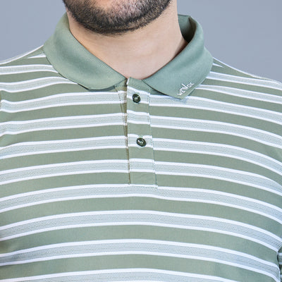WEWOK Men Striped Regular Fit Half Sleeve Polo Neck Olive Green T-Shirt