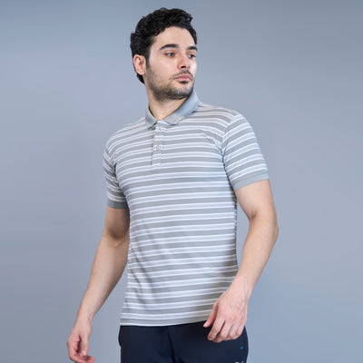 WEWOK Men Striped Regular Fit Half Sleeve Polo Neck Light Grey T-Shirt
