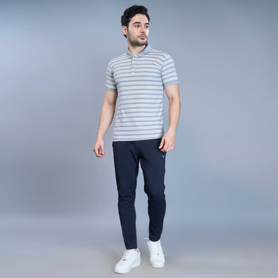 WEWOK Men Striped Regular Fit Half Sleeve Polo Neck Light Grey T-Shirt