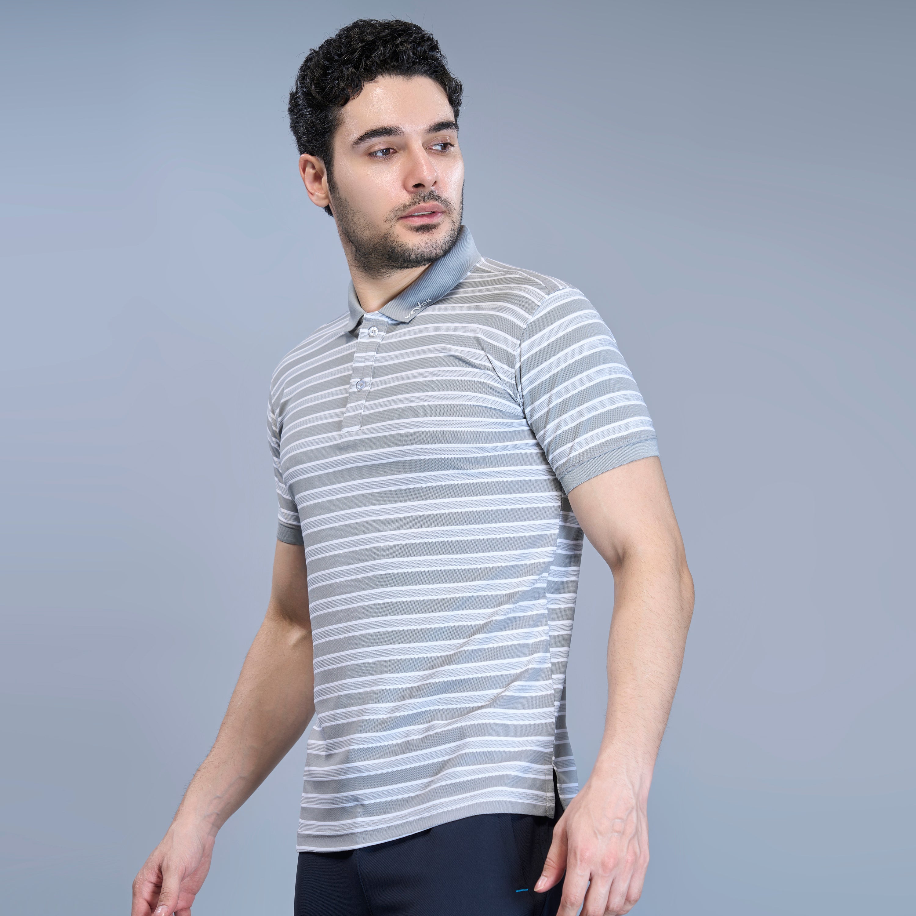 WEWOK Men Striped Regular Fit Half Sleeve Polo Neck Light Grey T-Shirt