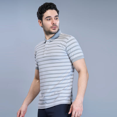 WEWOK Men Striped Regular Fit Half Sleeve Polo Neck Light Grey T-Shirt