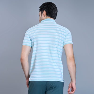 WEWOK Men Striped Regular Fit Half Sleeve Polo Neck Ice Blue T-Shirt
