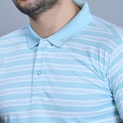 WEWOK Men Striped Regular Fit Half Sleeve Polo Neck Ice Blue T-Shirt