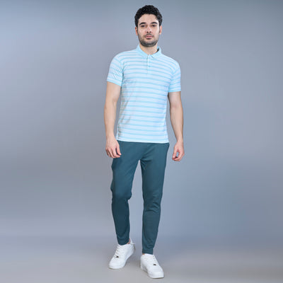 WEWOK Men Striped Regular Fit Half Sleeve Polo Neck Ice Blue T-Shirt