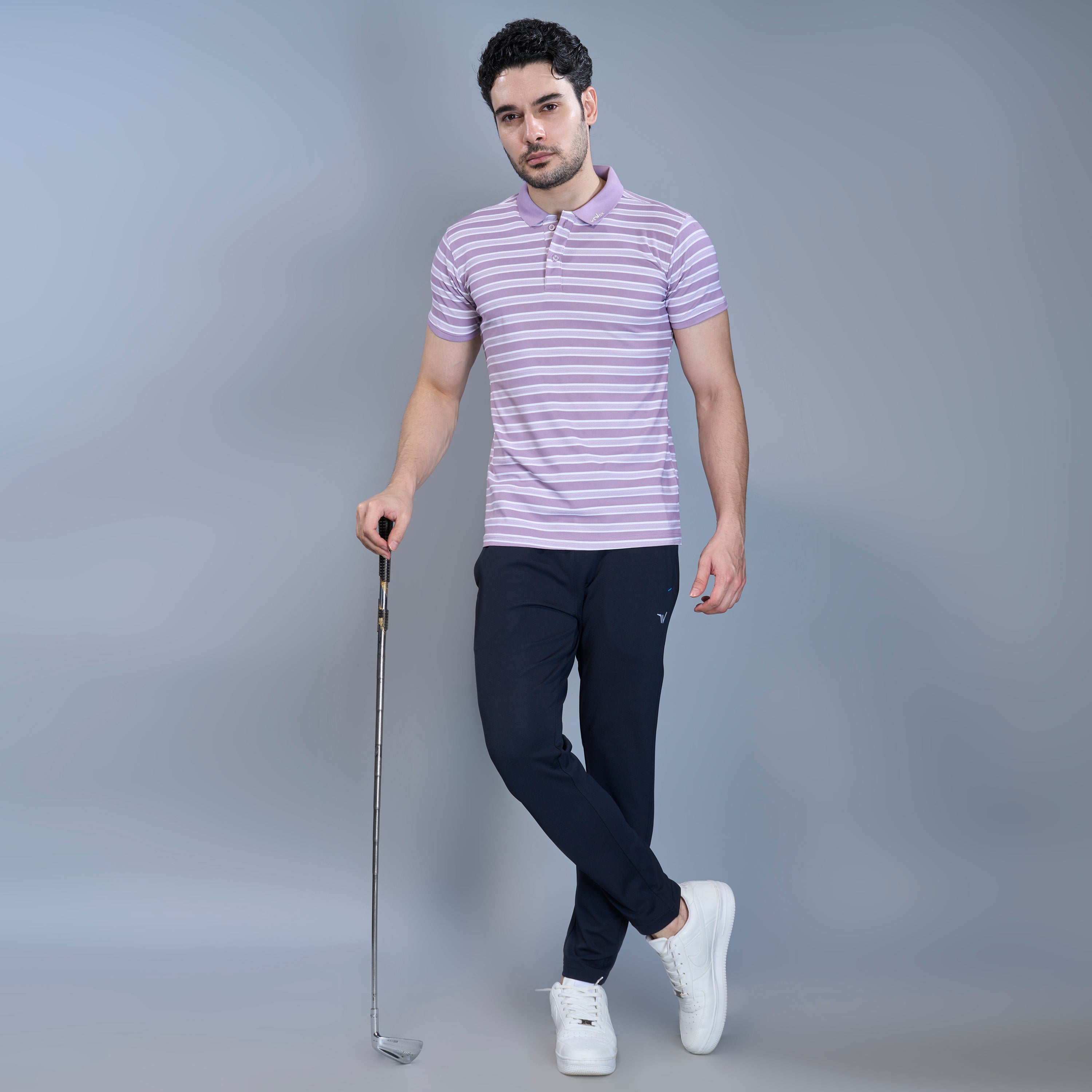 WEWOK Men Striped Regular Fit Half Sleeve Polo Neck Lavender T-Shirt