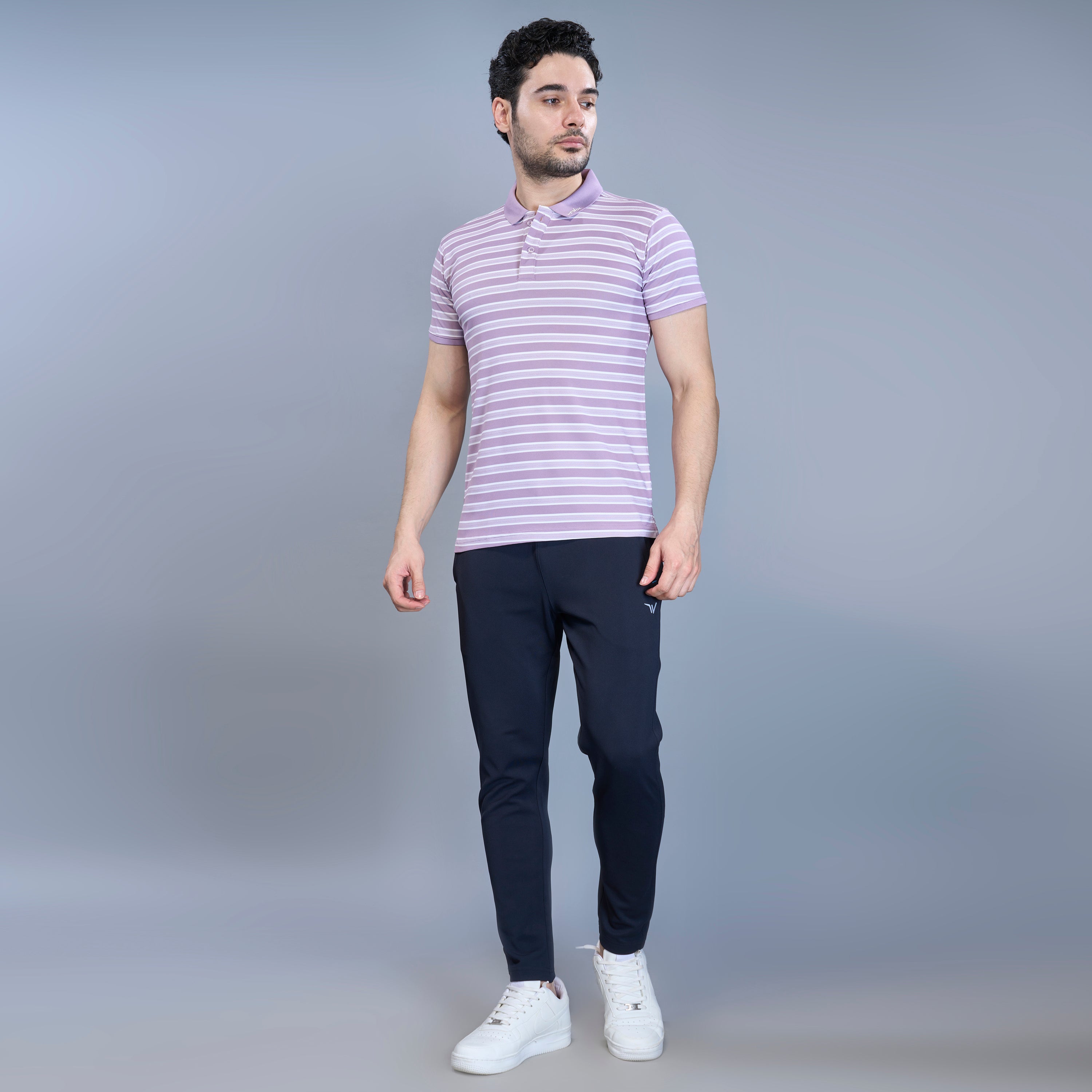 WEWOK Men Striped Regular Fit Half Sleeve Polo Neck Lavender T-Shirt