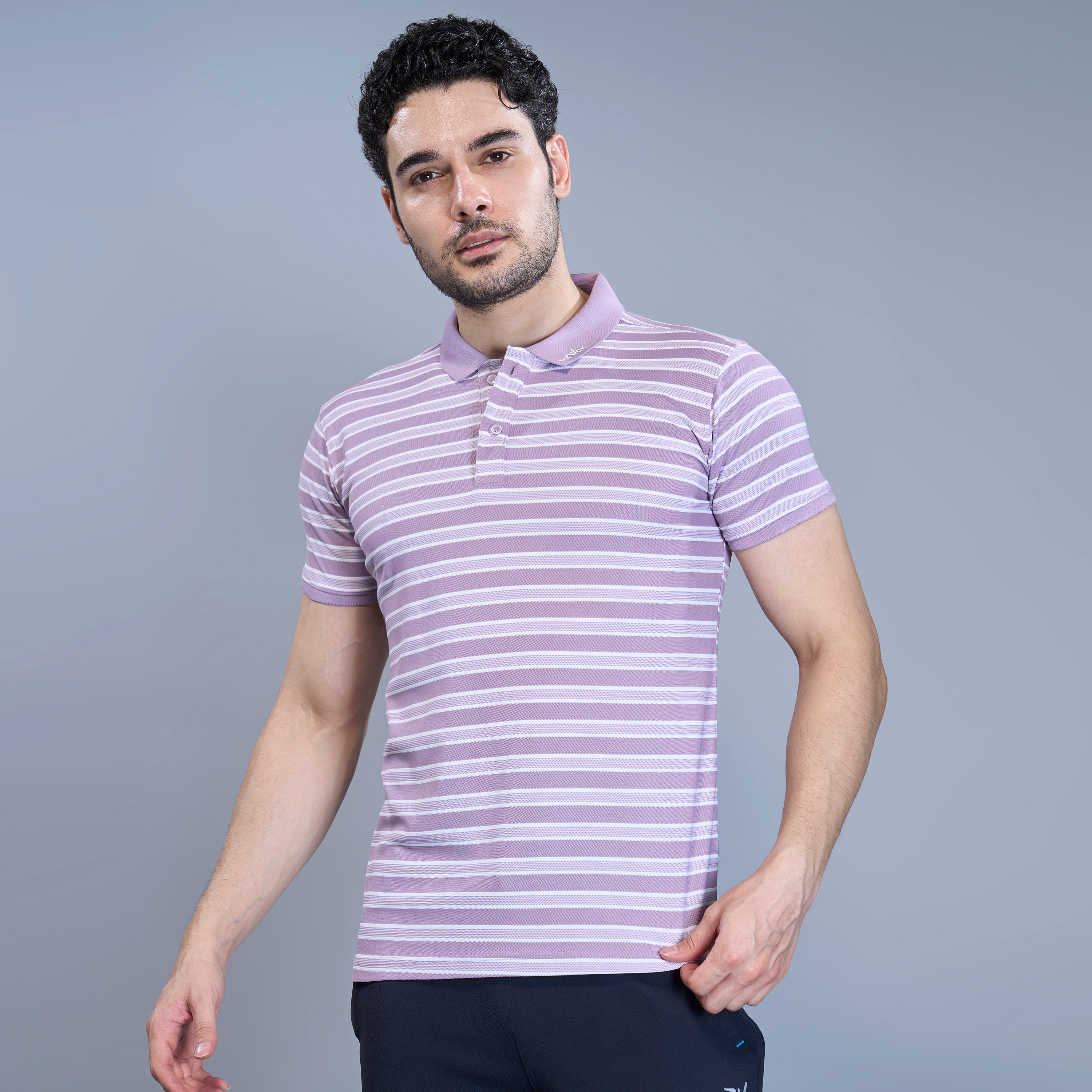 WEWOK Men Striped Regular Fit Half Sleeve Polo Neck Lavender T-Shirt