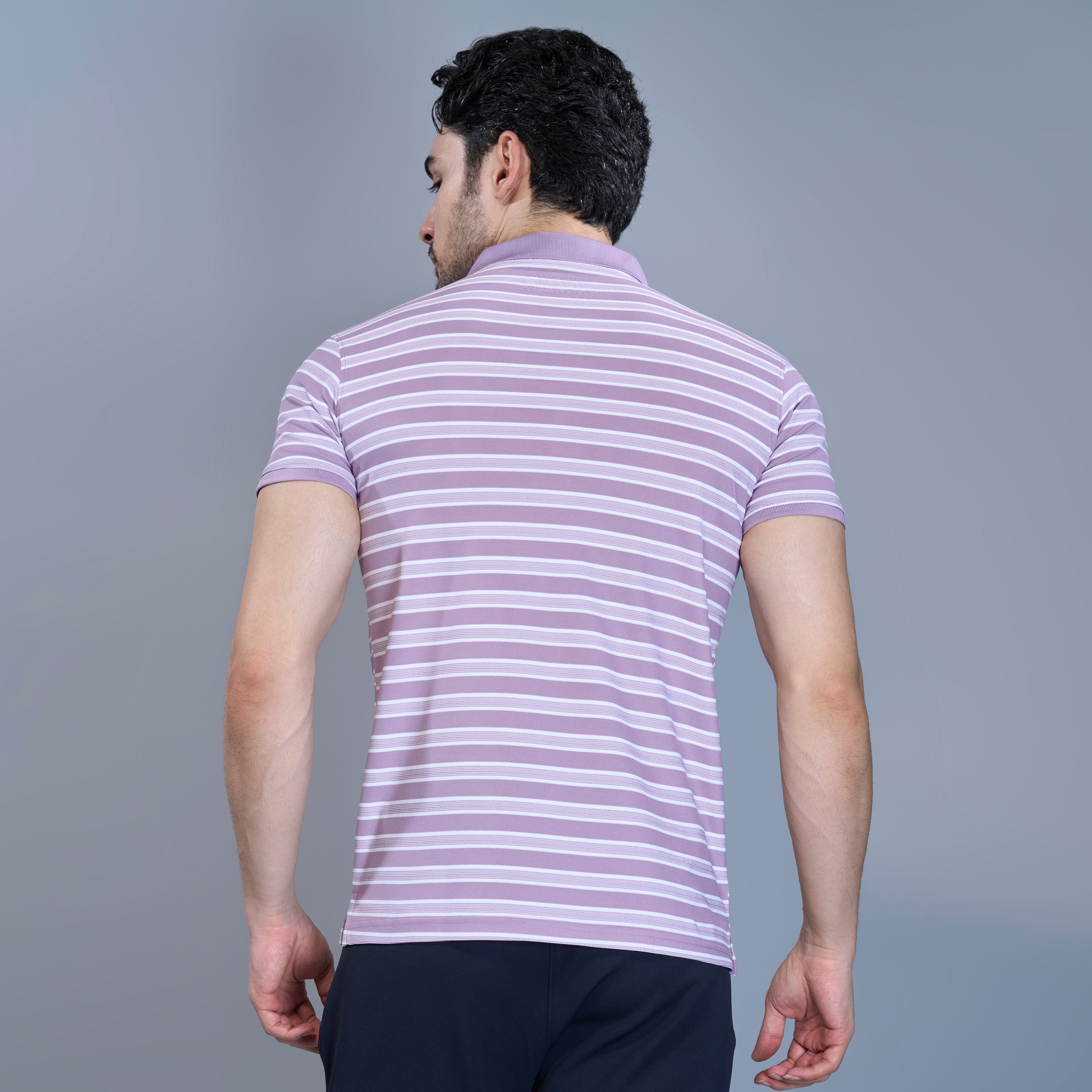 WEWOK Men Striped Regular Fit Half Sleeve Polo Neck Lavender T-Shirt