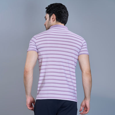 WEWOK Men Striped Regular Fit Half Sleeve Polo Neck Lavender T-Shirt